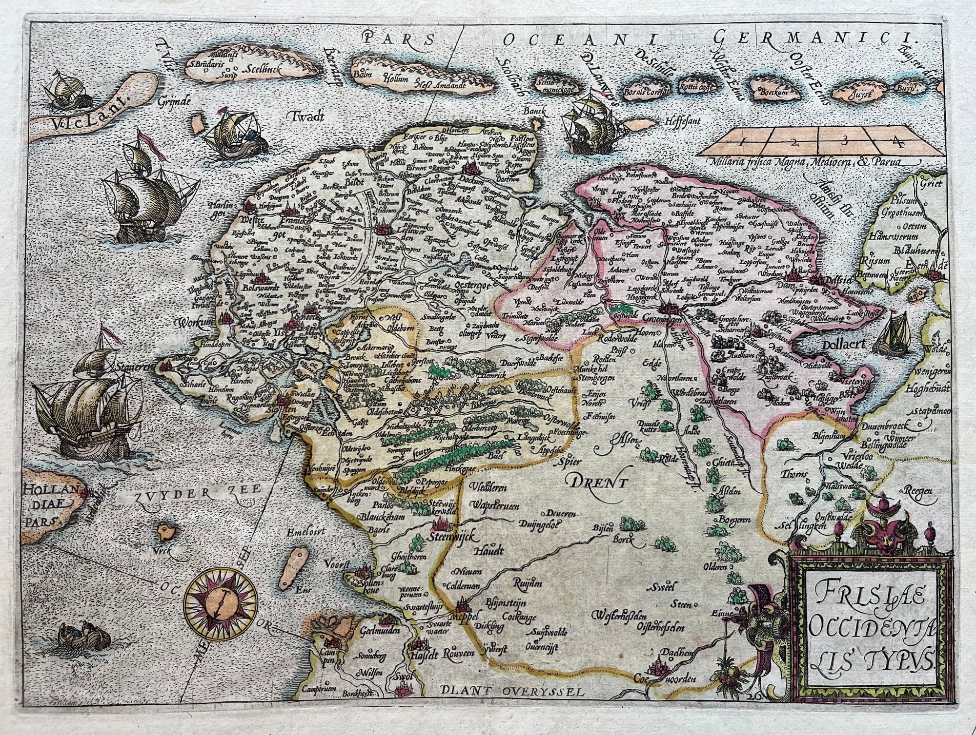 Friesland, map, frisia, frisiae, groningen drenthe, ships, vlieland, terschelling, ameland, sneek,zuiderzee, sneek, leeuwarden, waddenzee, workum, harlingensteenwijk, giethoorn, hindelopen, map, holland, friesland, kaart, oude kaart, antieke kaart, staveren, franeker