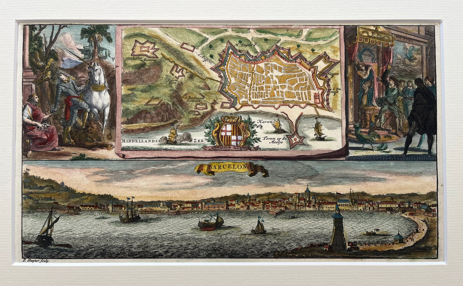 spain, catalunya, cataluna, catalonie, barcelona, barcelone, middelandse zee, meditererranean, view, city view, plan, townplan, europe, spanje,engraving, old print, antique print, oude prent, antieke prent