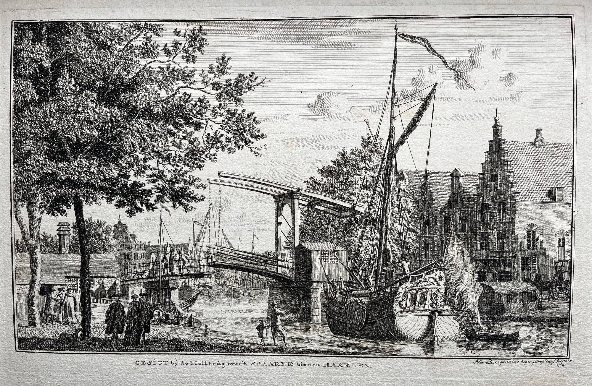 haarlem, holland, noord holland, north holland, city view, stadsgezicht, nederland, dutch, spaarne, gravure, engraving, old print, antique print, melkbrug, waag haarlem, swertner, binnen spaarne,