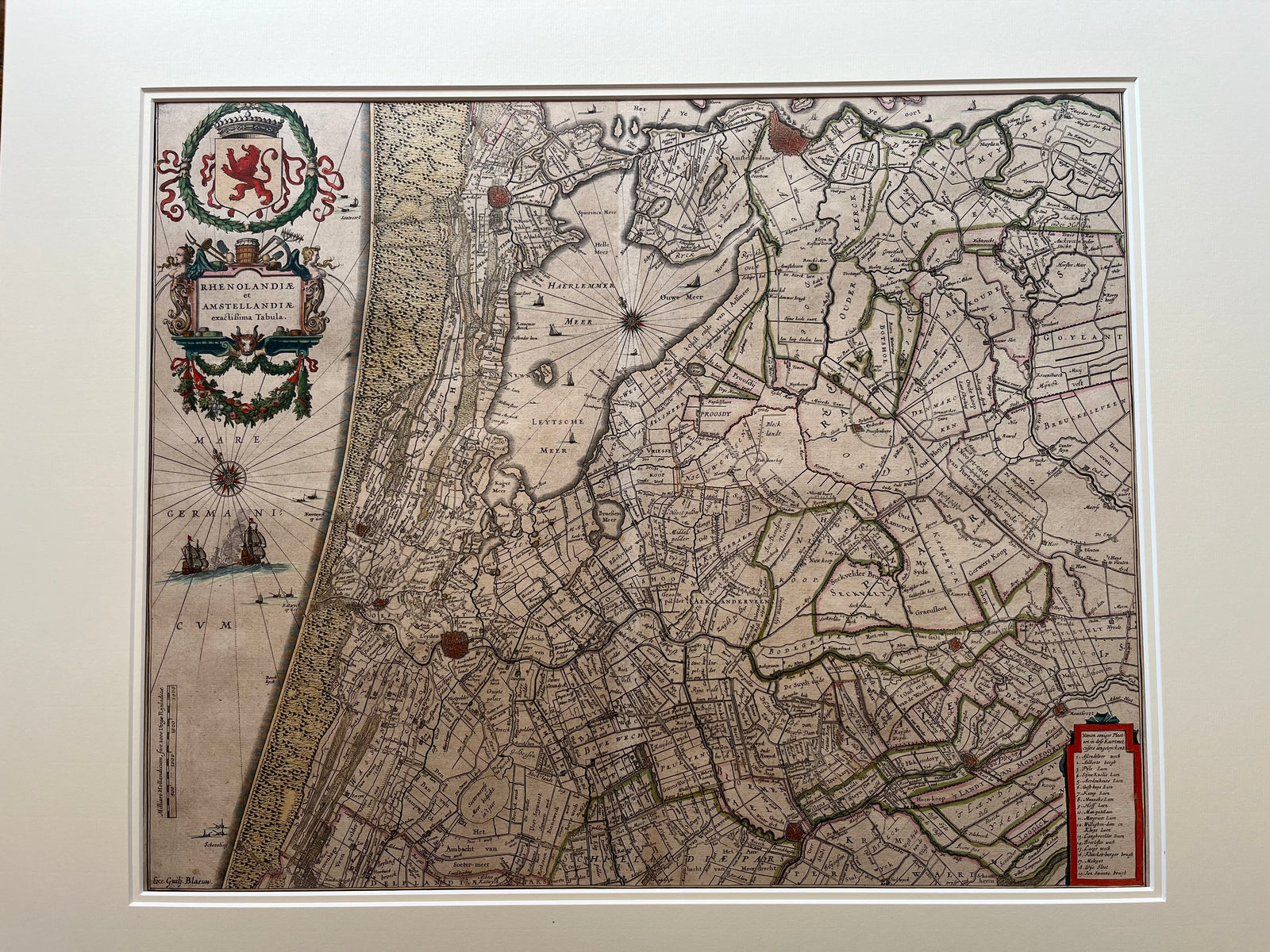 Map, kaart, old map, antique map, blaeu, atlas, rijnland, amstelland, leiden, kaag, brasem, amsterdam, haarlem, gouda, woerden, haarlemmermeer, zandvoort, scheveningen, ships, engraving, colour, trekvaart, antieke kaart, oude kaart, originele, original, schiphol, dutch, holland, noord holland, zuid holland, wassenaar