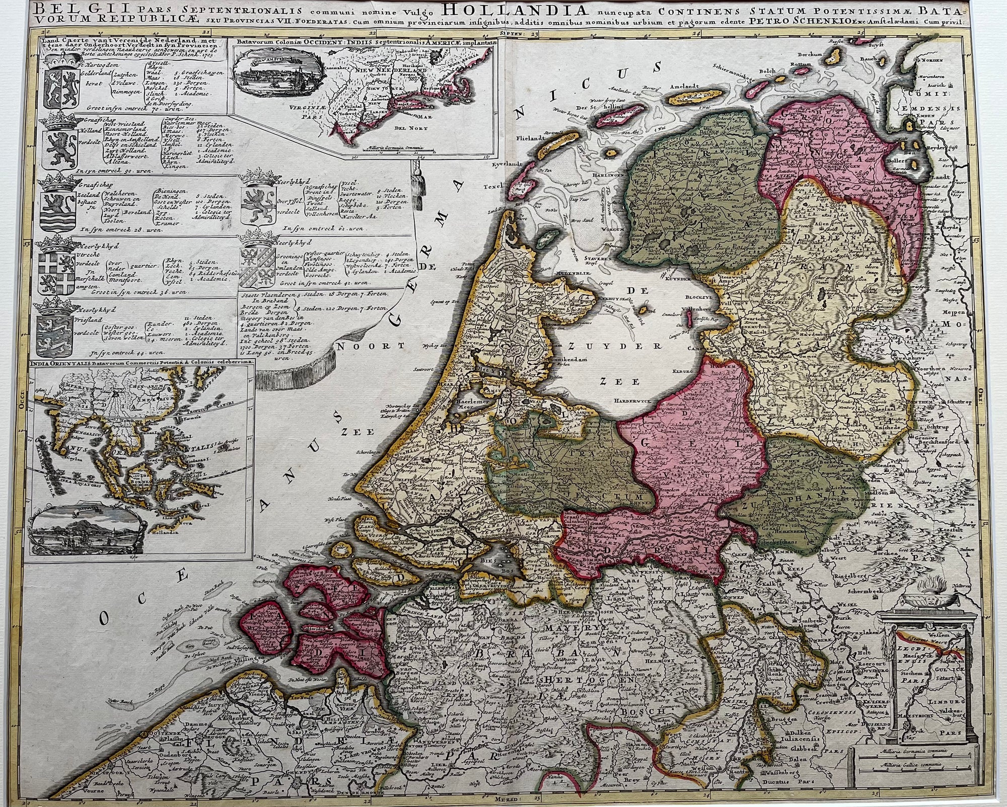 republiek, hollandia, belgii, schenk, map, old map, antique map, map of holland, netherlands, oude kaart, antieke kaart, holland, nederlanden, verenigde nederlanden, belgie, indie, new york, nieuw amsterdam, nieuw nederland, engraving, belgica, batavia