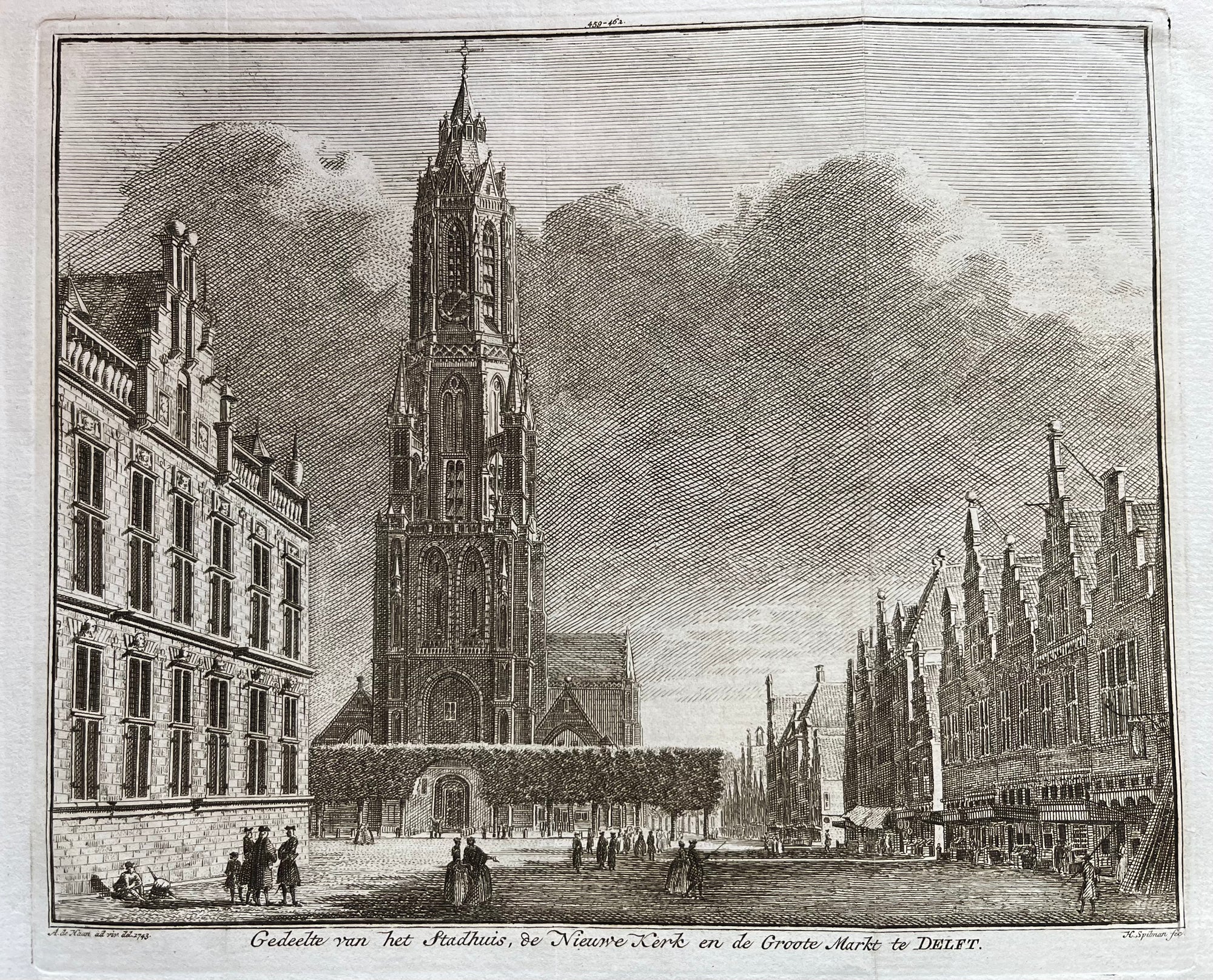 delft, city, view, stadsgezicht, city view, holland, zuid holland, south holland, stadhuis, nieuwe kerk, grote markt, old print, antique print, oude prent, gravure, dutch, engraving, spilman