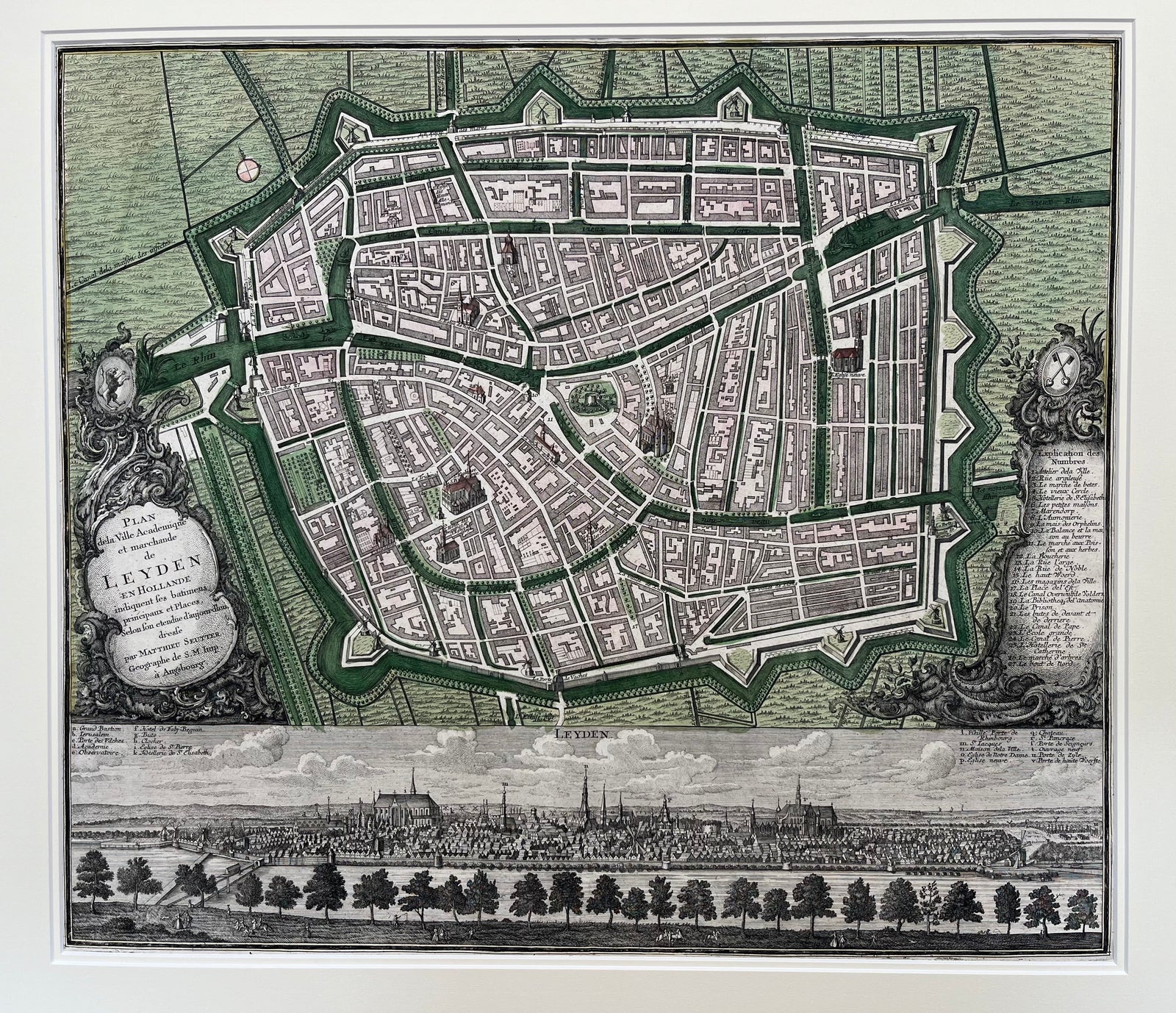 leyden, leiden, holland, zuid holland, south holland, map, old map, antique map, oude kaart, antieke kaart, plan, townplan, plattegrond, stadsplattegrond, seutter, engraving, gravure, kaart leiden, university, academie, university, present, cadeau, coloured, 