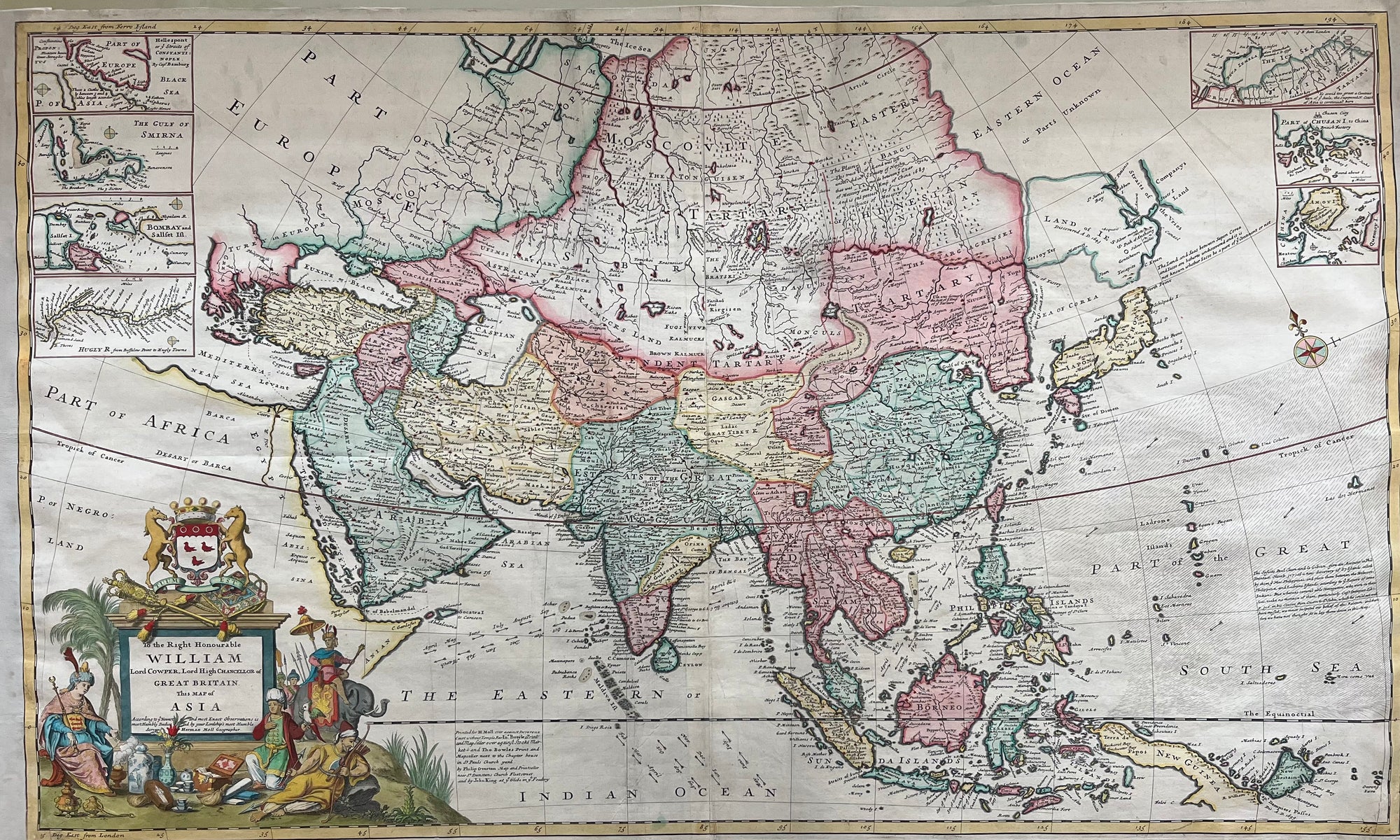  map, old map, asia, antique map, india, bombay, nova zembla, moll, herman moll, William, borneo, sunda islands, ceylon, guinea, japan, formosa, arabia, indian ocean, engraving, 