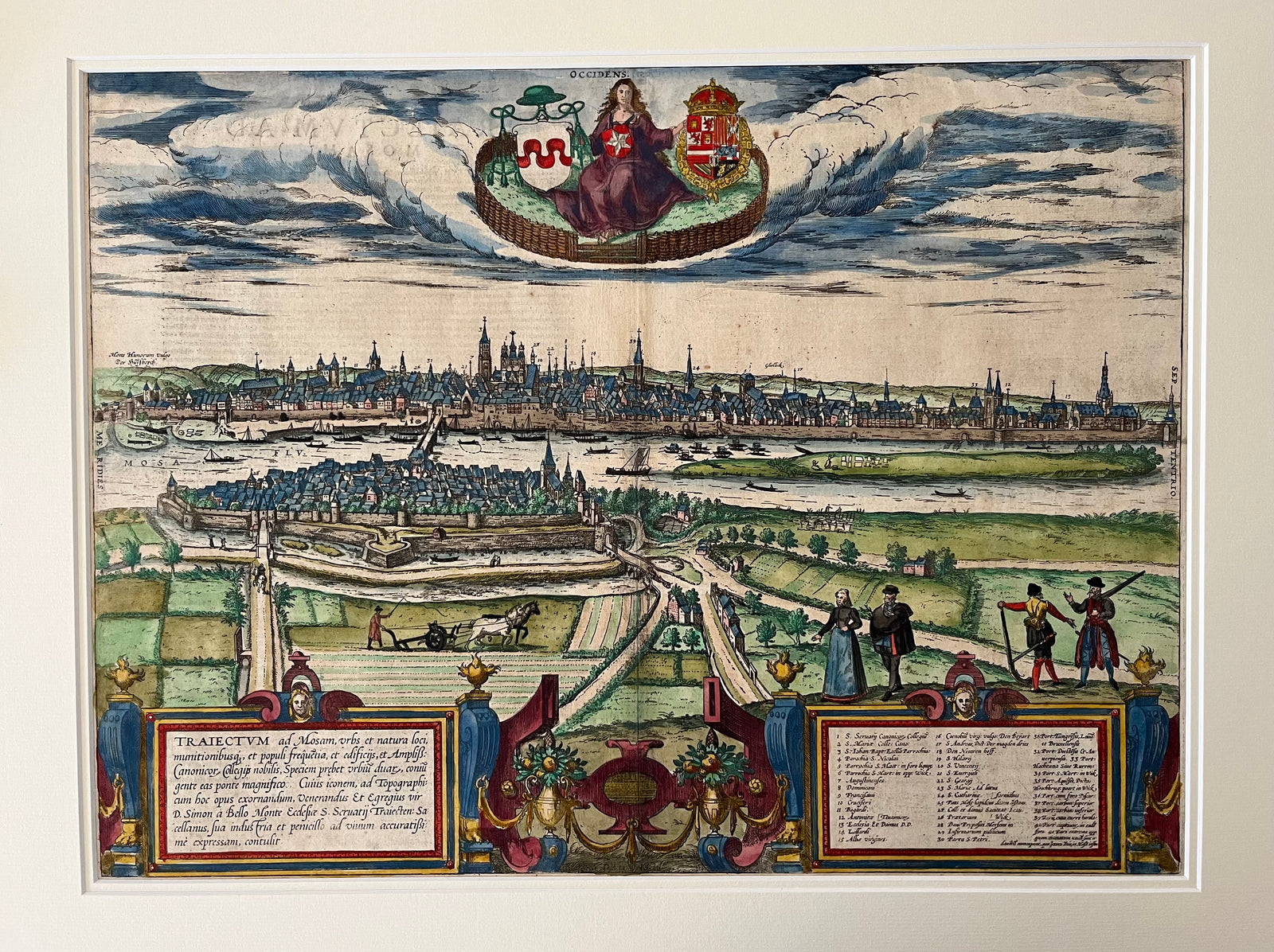 Maastricht, maestricht, limburg, nederland, dutch, mosam, view, engraving, antique print, old print, antieke prent, gravure, braun, hogenberg, gezicht, vogelvlucht, birds eye view, original, oude prent, traiectum, servaas, Sint Jan,