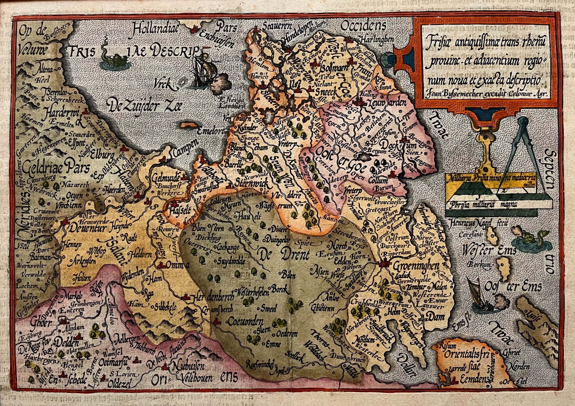 old map, antique map, frieslan, holland, nederland, dutch, oude kaart, antieke kaart, origineel, bussemacher ,frisia, frisiae, harlingen, drenthe, groningen, zuiderzee, seamonstersneek, bolsward, leeuwarden, steenwijk