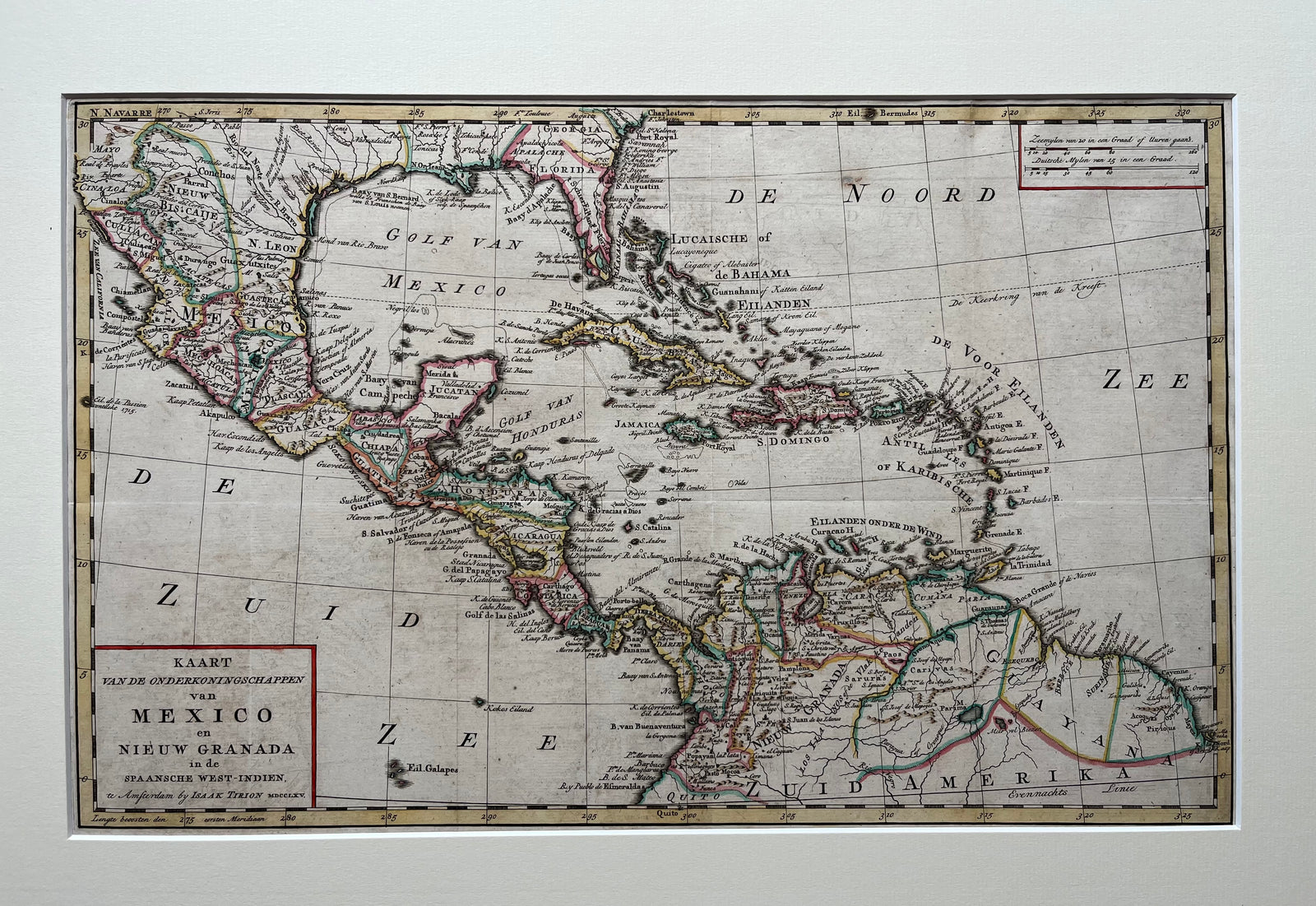 “Kaart van de Onderkoningschappen van Mexico en Nieuw Granada in de Spaansche West-Indien”, which translates from Dutch to “Map of the Viceroyalties of Mexico and New Granada in the Spanish West Indies.” It was created by Isaak Tirion, a prominent 18th-century Dutch cartographer.

