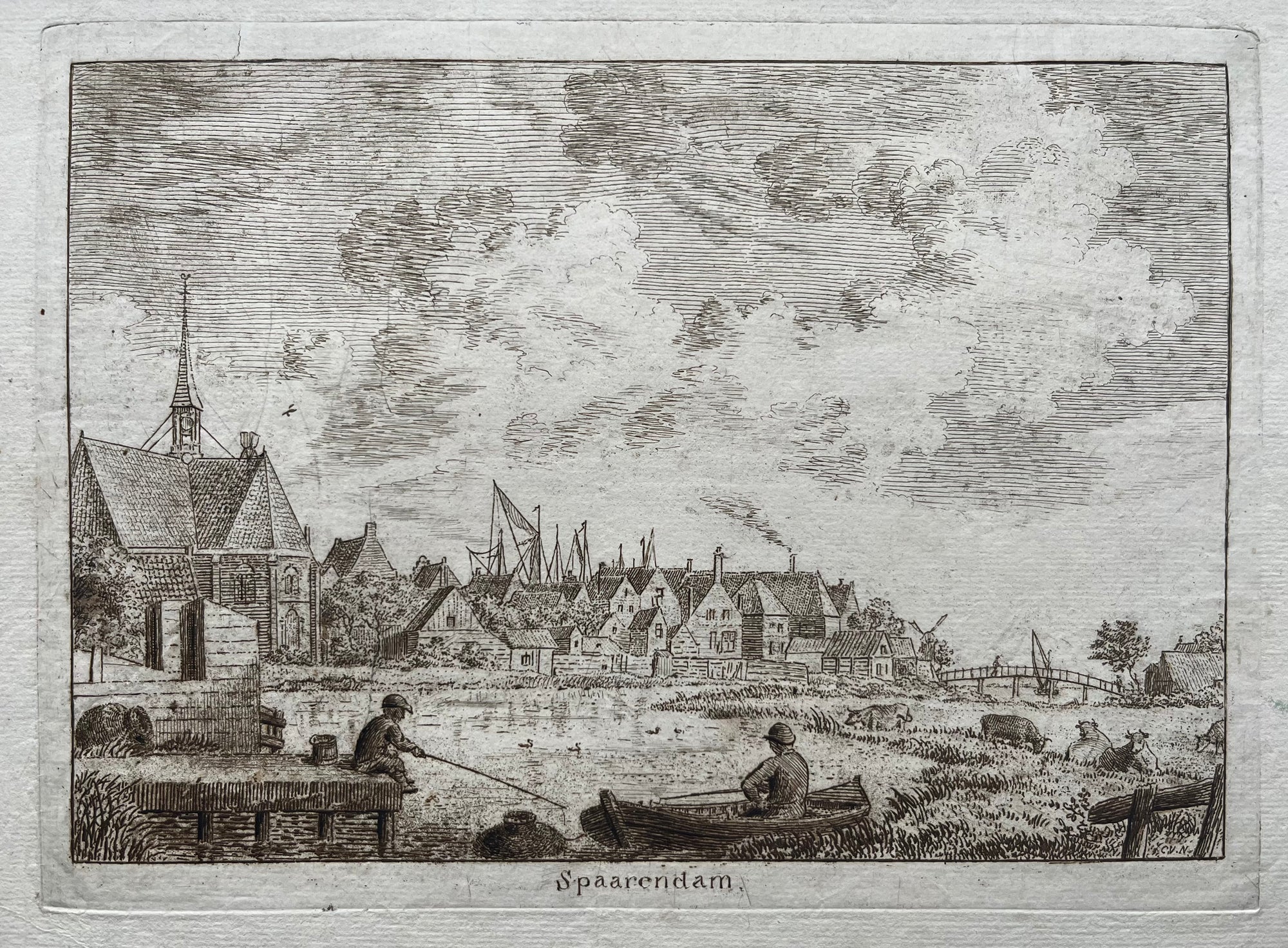 Nederland, Spaarndam, Holland, Sparendam, Spaarendam, van Noorde, kleine sluis, print, old print, antique print, engraving, gravure, etching, city view, stadsgezicht, dorpsgezicht, village, oude prent, antieke prent,haarlem, kennemerland, noord holland, dutch