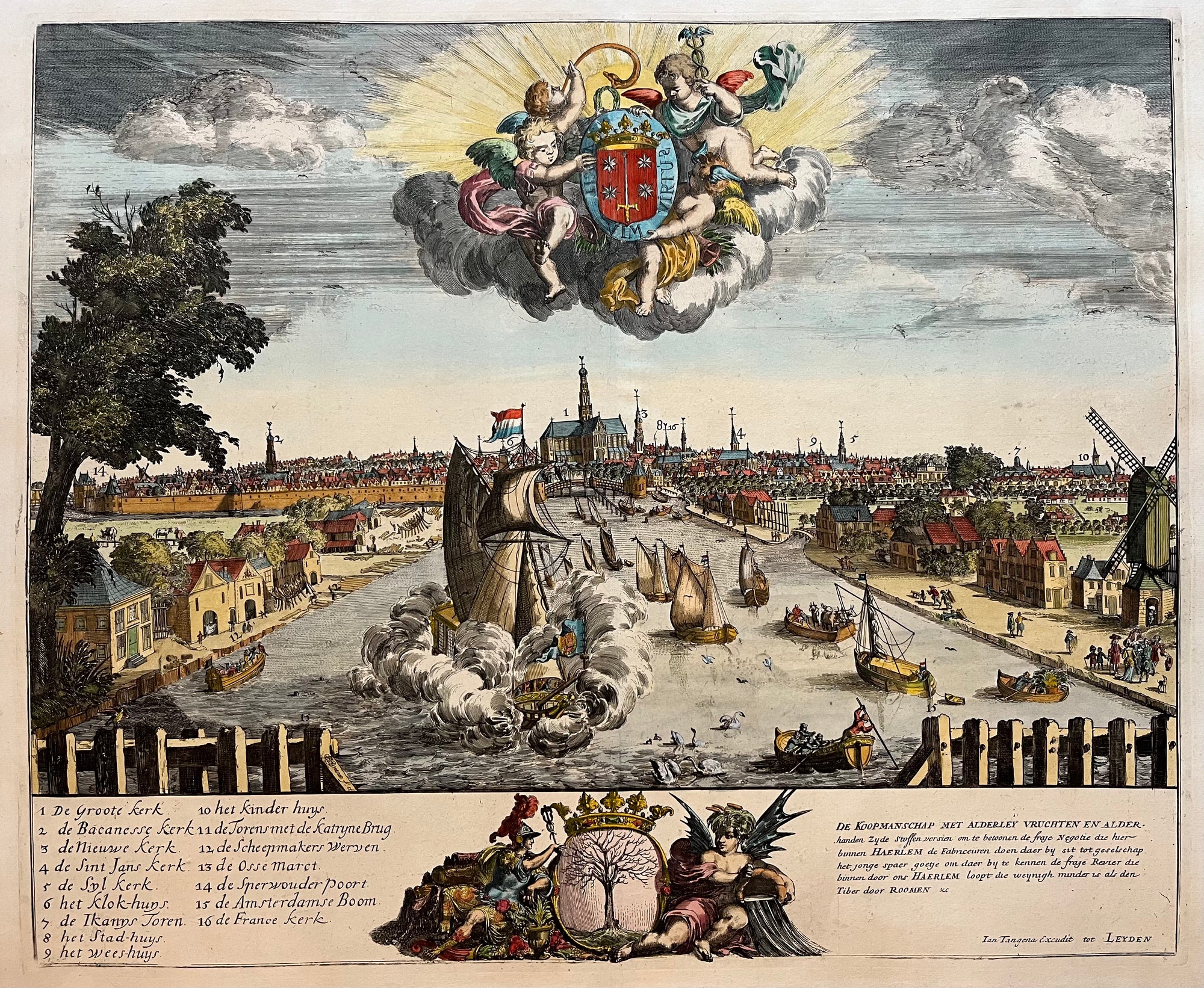 city view, haarlem, spaarne, large, engraving, dutch, north holland, noord holland, prent haarlem, gravure, oude prent, antieke prent, Spaarnwouderpoort, de Bakenesserkerk, de Bavo, toren Nieuwe Kerk, Janskerk, het Weeshuis, de Zijlkerk, scheepswerven, ships, church, vianen