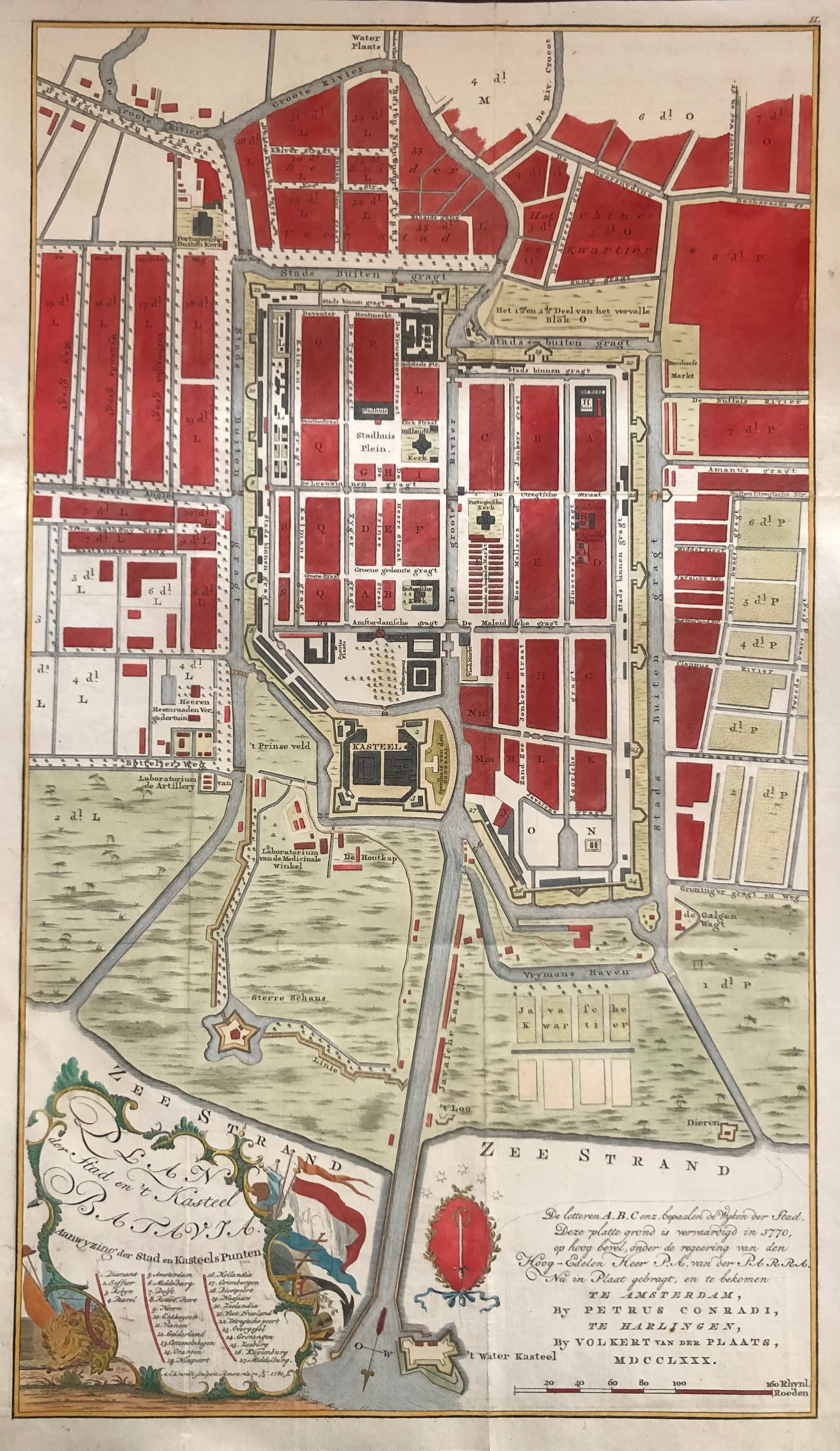 map, old map, antique map, indonesia, indonesie, indie, east indie, oost indie, java, batavia, jacarta, oude kaart, antieke kaart, krevelt, conradi, van der plaats, kasteel,voc. v.o.c.. trading, company, engraving, plan, plattegrond, kaart van batavia