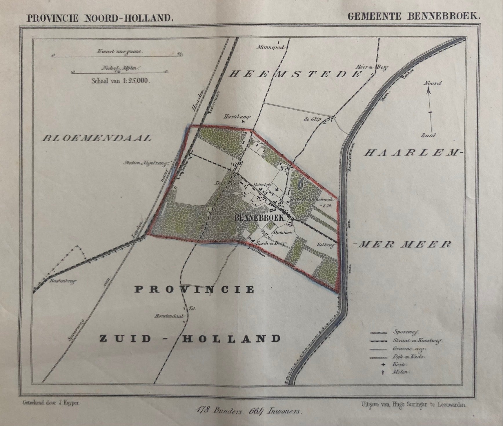 Bennebroek, antique map, antique print, lithograph, noord holland, heemstede, Haarlemmermeer, bloemendaal, duinlust, rolbrug, duinzigt, suringar, oude kaart, kaart