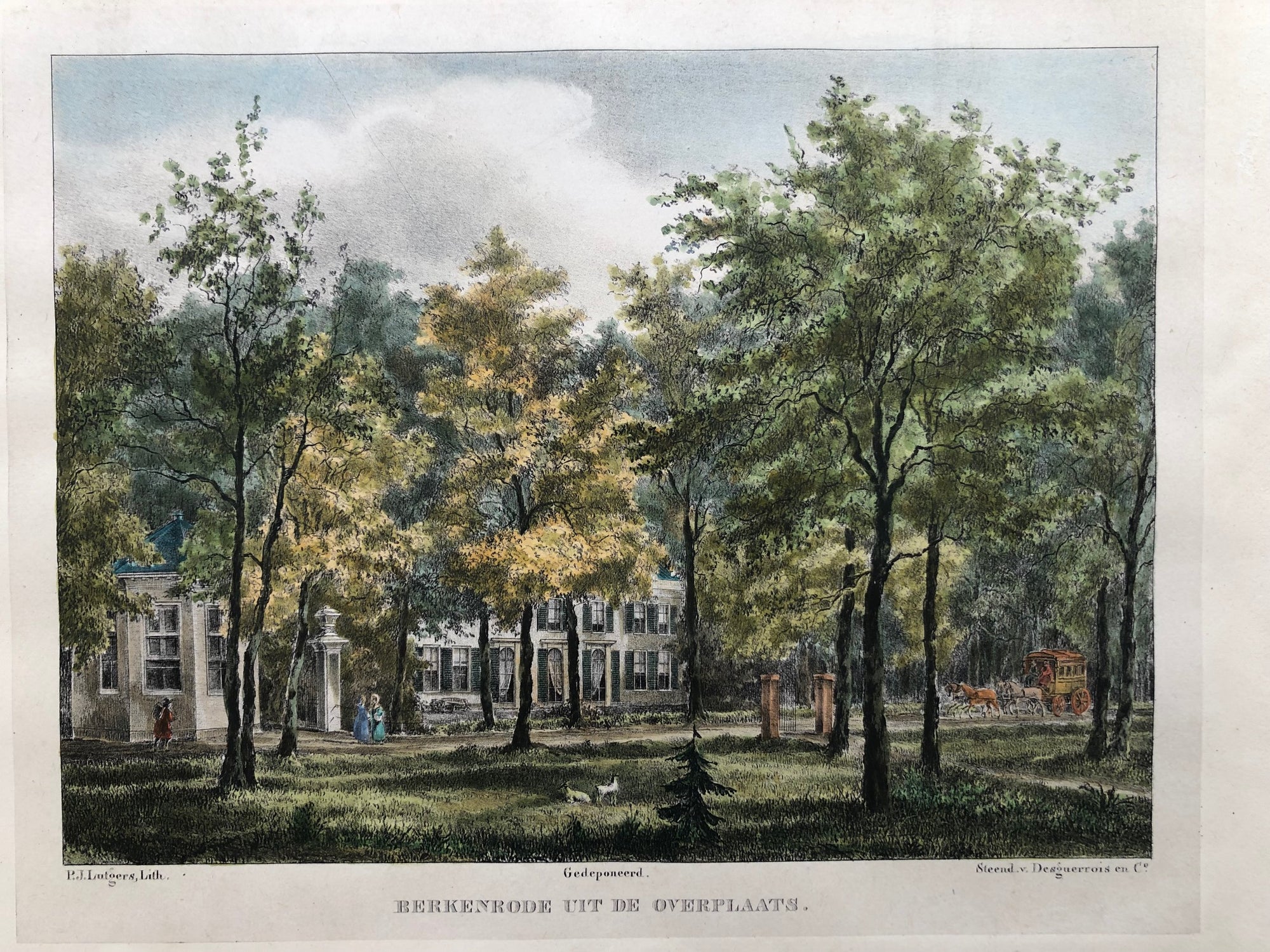 heemstede, haarlem, berkenrode, herenweg, buitenplaats, old print, antique print, lithograph, colour, lutgers, view, holland, netherlands, dutch