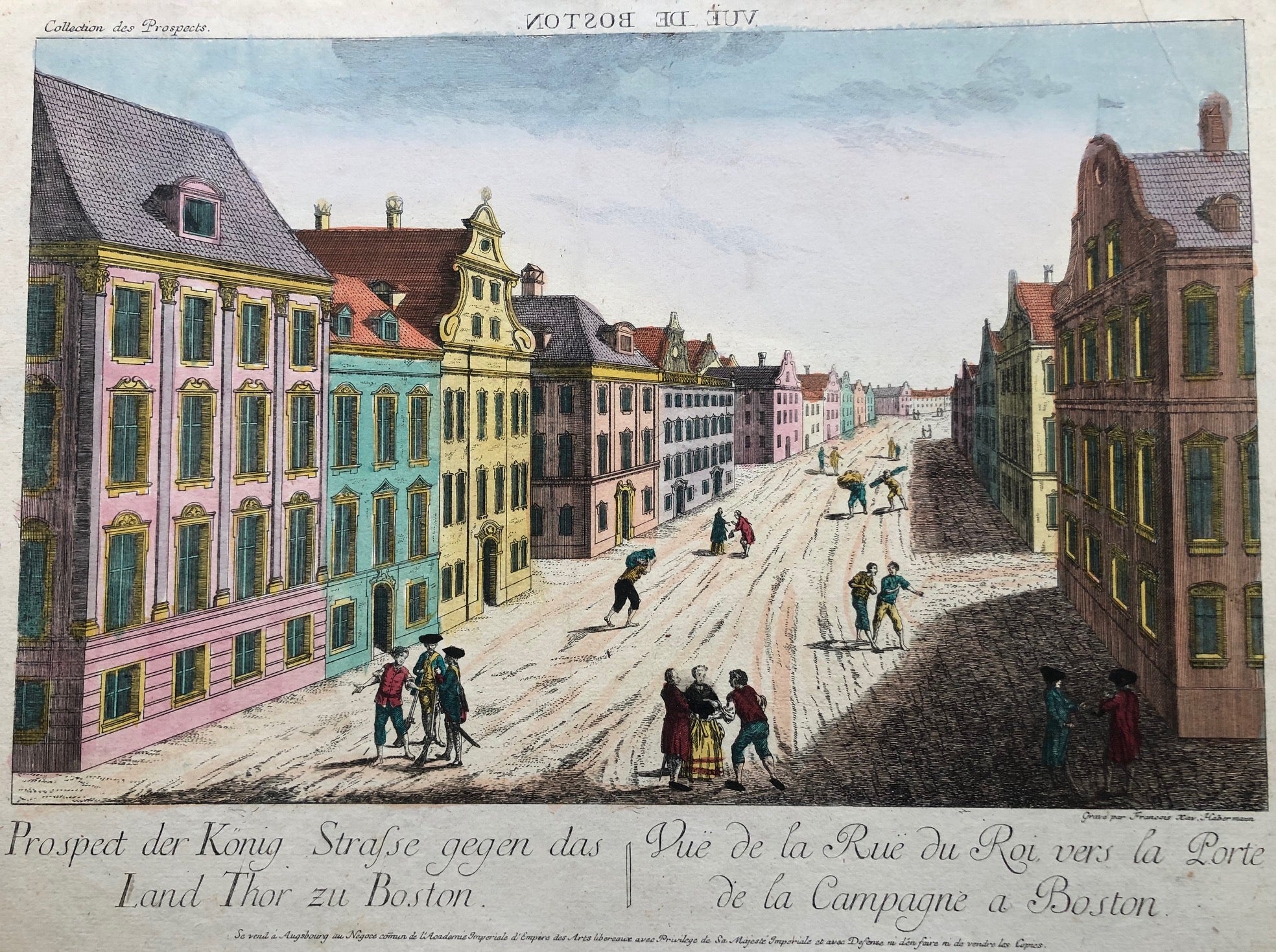 Prospect der König Strasse gegen das Land Thor zu Boston, old print, antique print, engraving, optical, optique, boston, augsburg, america, US, usa, king street, prospect, view