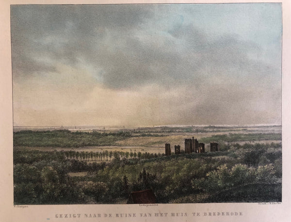 old print, antique print, oude prent, antieke prent, lithograph, litho, steendruk, lutgers, haarlem, santpoort, santpoort zuid, brederode, ruine van brederode, park brederode, bloemendaal