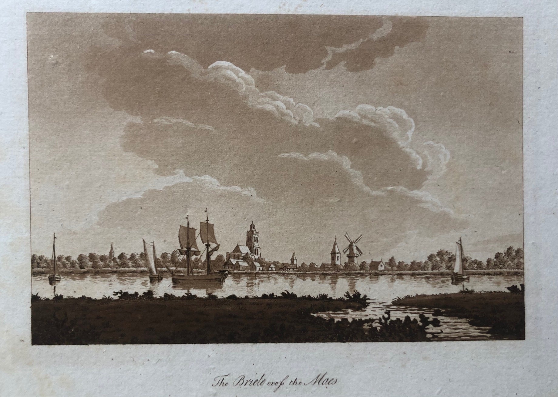 Brielle, briel, briele, maas, old print, antique print,oude prent, antieke prent, aquatint, engraving ships, church, windmill, dutch, holland, zuid holland, rivier, river