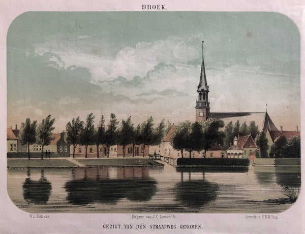 broek, broek in waterland, waterland, amsterdam, holland, lithograph, old print, antique print, city view, church, straatweg, water