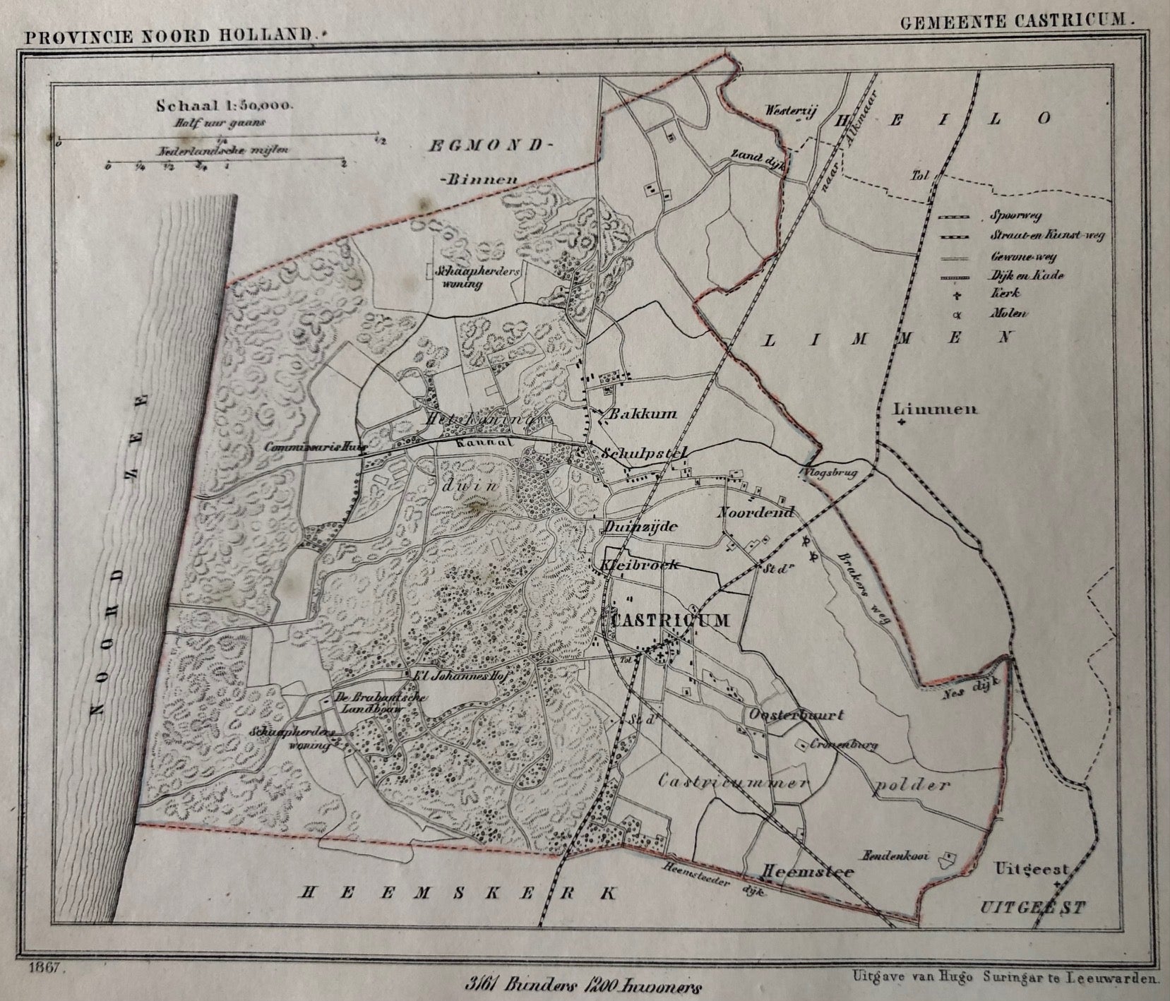 castricum, bakkum, schulpstel, kleibroek, kuijper, suringar, map, old map, antique map, oude kaart, antieke kaart, kuiper, kaart castricum, prent, oude prent, lithograph, litho, gemeente castricum