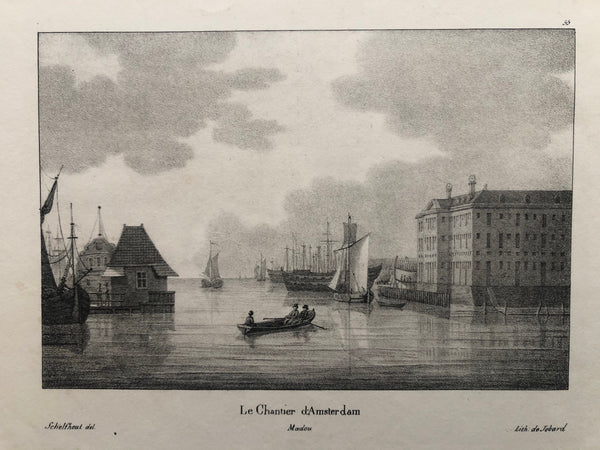 scheepvaartmuseum, maritime, museum, amsterdam, dock, oosterdok, IJ, gracht, lithograph, old print amsterdam, antique print, oude prent, antieke prent, marinewerf, shipyard, jobard, schelfhout
