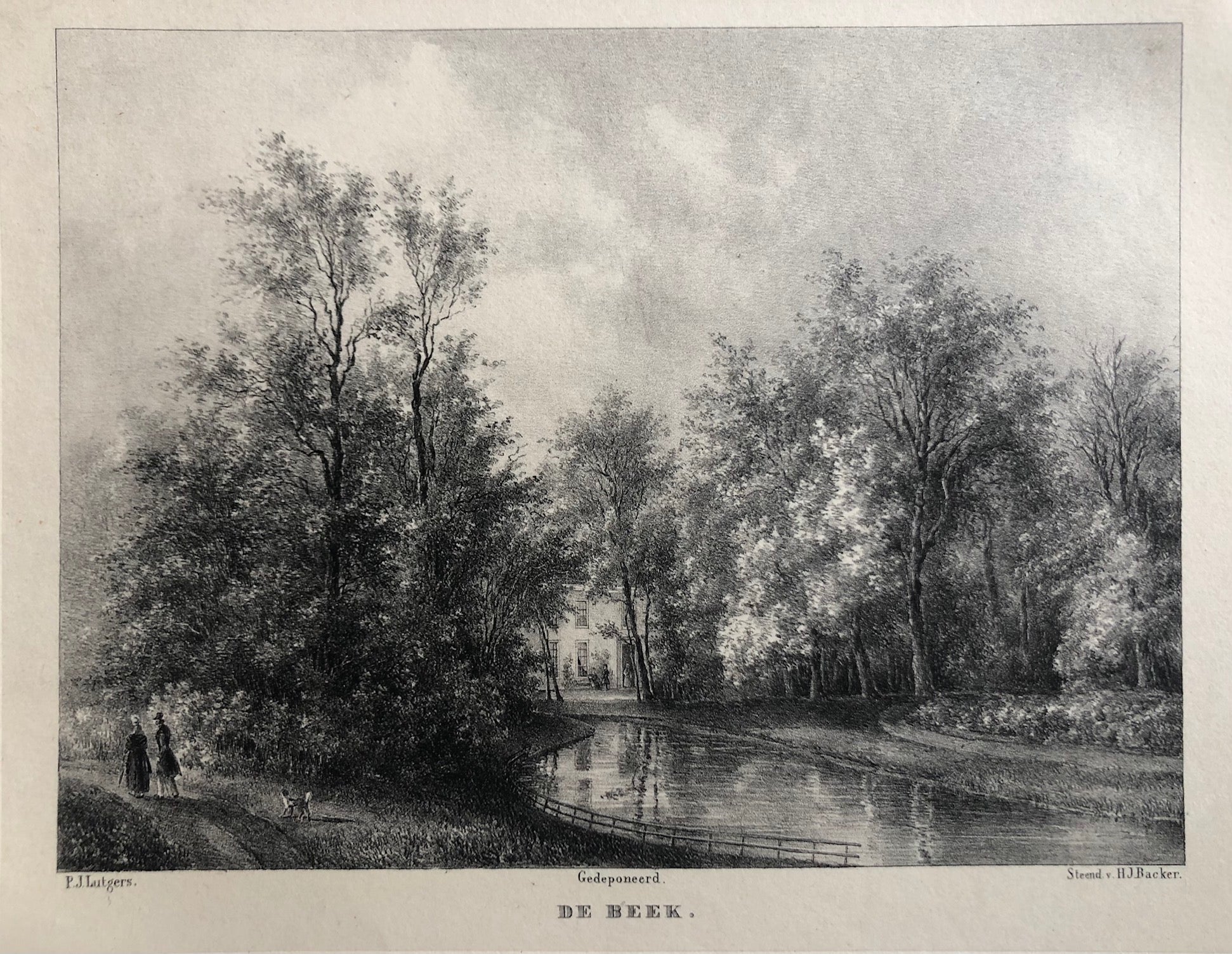 old print, antique print, oude prent, antieke prent, litho, lithograph, lutgers, haarlem, kennemerland, bloemendaal, bloemendaalseweg, beek, buitenplaats, de beek