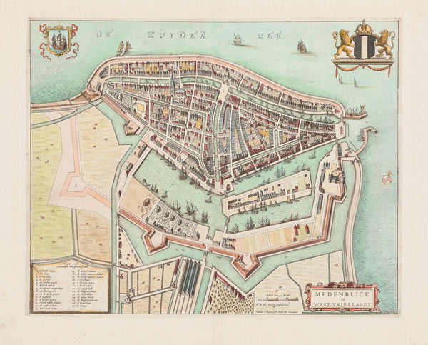 Antique print "Medenblick in West Vrieslandt". Handcoloured engraving published by Frederick de Wit in 'Perfecte aftekeningen der Steden van de XVII Nederlandsche provincien in platte gronden'.