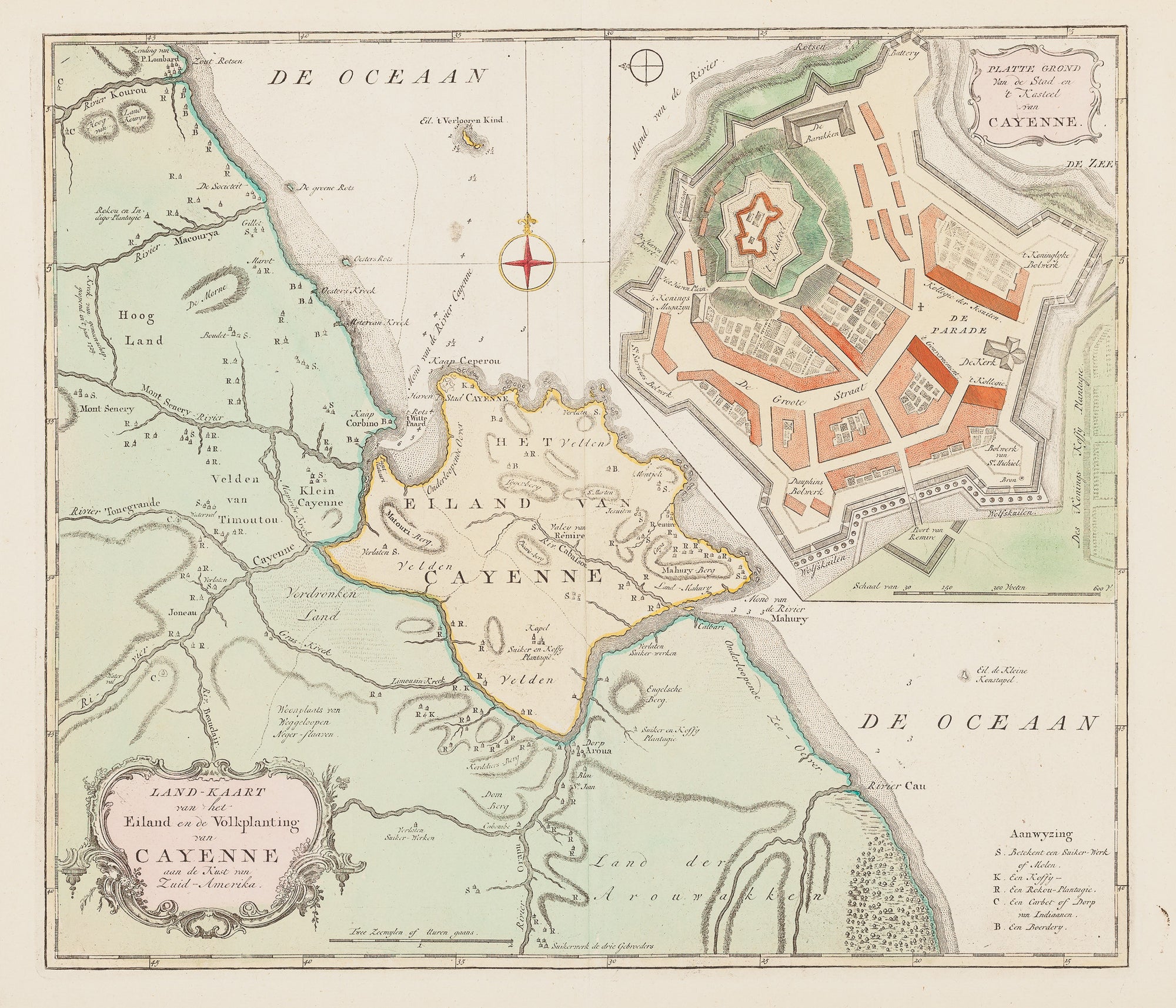 Antique print "Cayenne". Map by Isaak Tirion from ca. 1765. Hand coloured map of French Guyana.