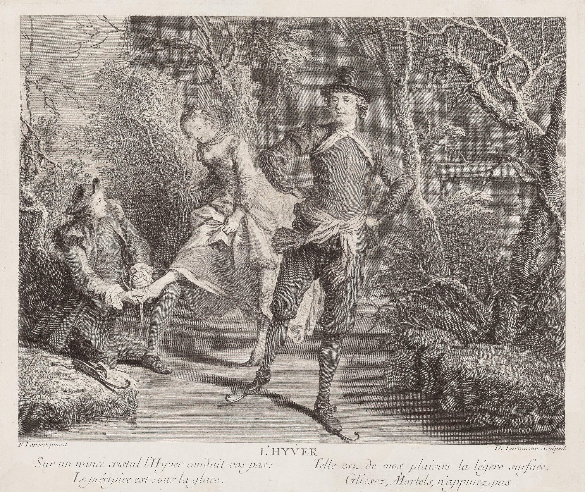 Antique print "L'Hyver - Skating". "L'Hyver, Sur un mince cristal l'Hyver conduit vos pays; le précipice est sous la glace, telle est de vos plaisirs la légere surface, Glissez, Mortels, n'appuiez pas'' .