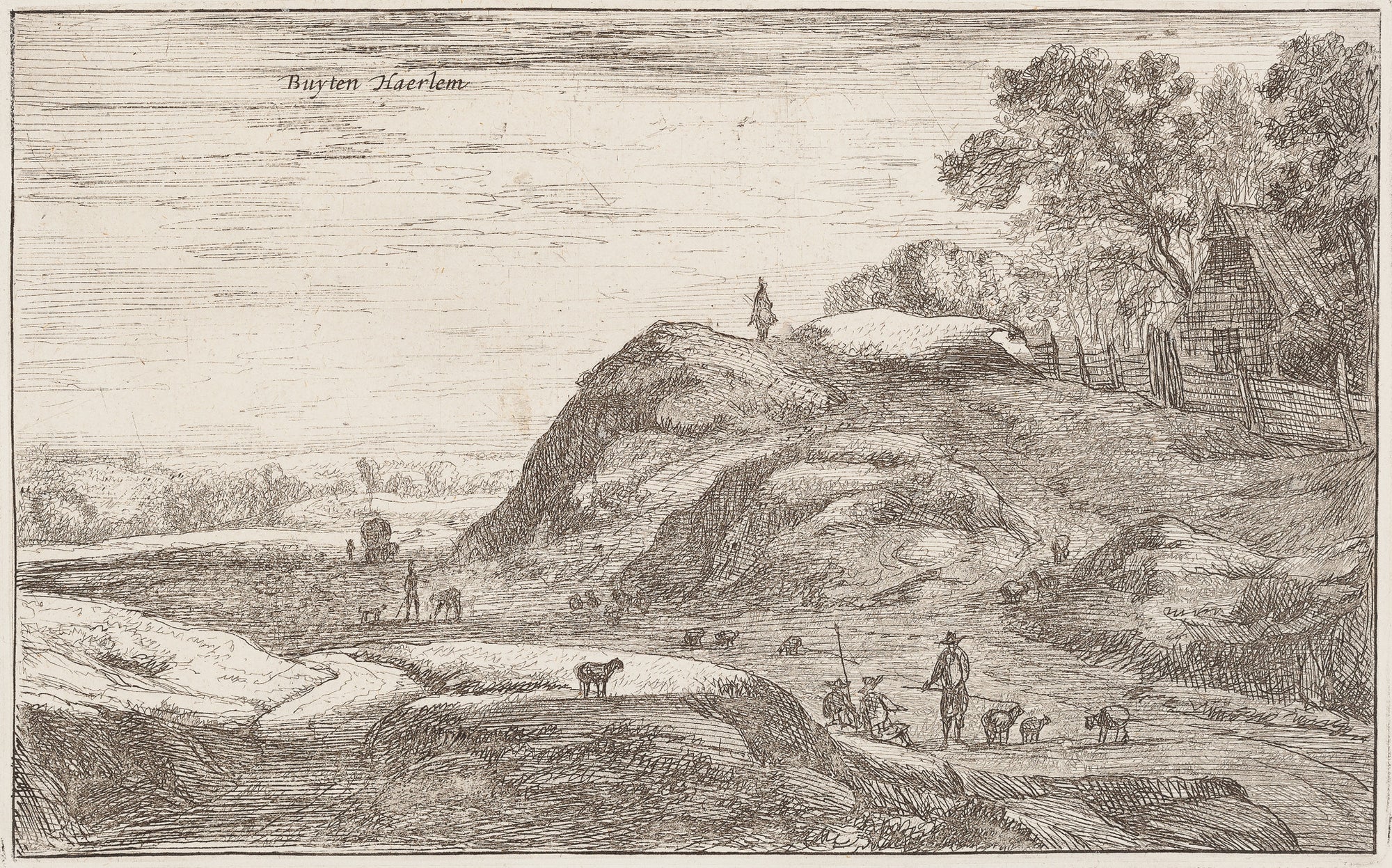 Antique print "Buyten Haerlem, Roelant Roghman". View at a hilly landscape (dunes) in the surroundings of Haarlem.