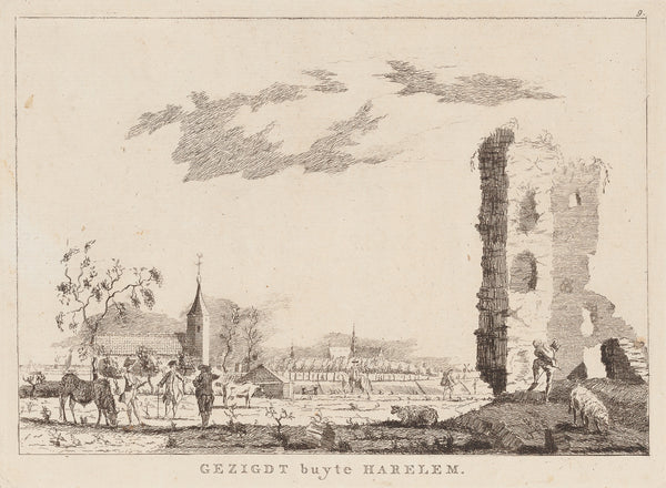 Antique print "Gezigdt buyte Harelem". View on Haarlem, seen from the North (Schoten) with the ruins of the former Huis ter Kleef.