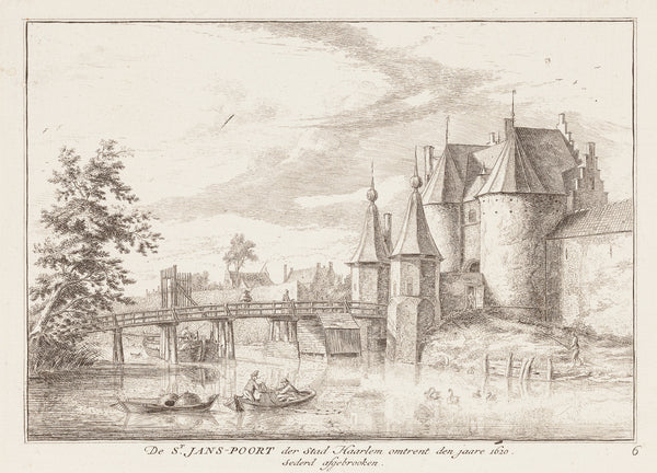Antique print "De St. Jans-Poort der stad Haarlem, omtrent den jaare 1620, sederd afgebrooken".