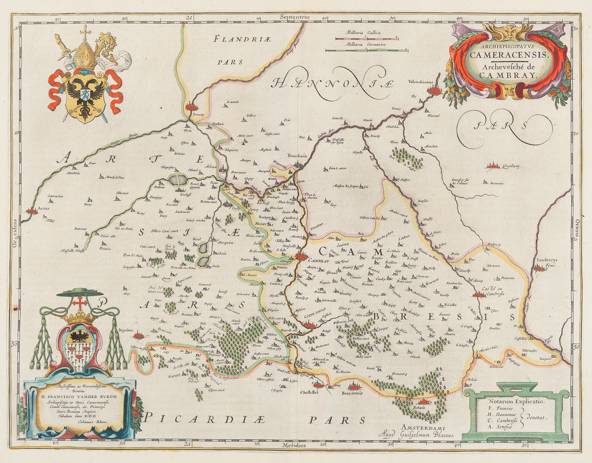 Antique print. Title: 'Archiepiscopatus Cameracensis. Archevesché de Cambray'. Contemporary handcoloured engraving , published by Blaeu in his " Toonneel des Aerdriicx, Ofte Nieuwe Atlas, Dat is Beschryving van alle Landen. Amsterdam, 1642. It shows the region in the north of France with places like: Crevecoeur, Valenchienne, Arras, etc.