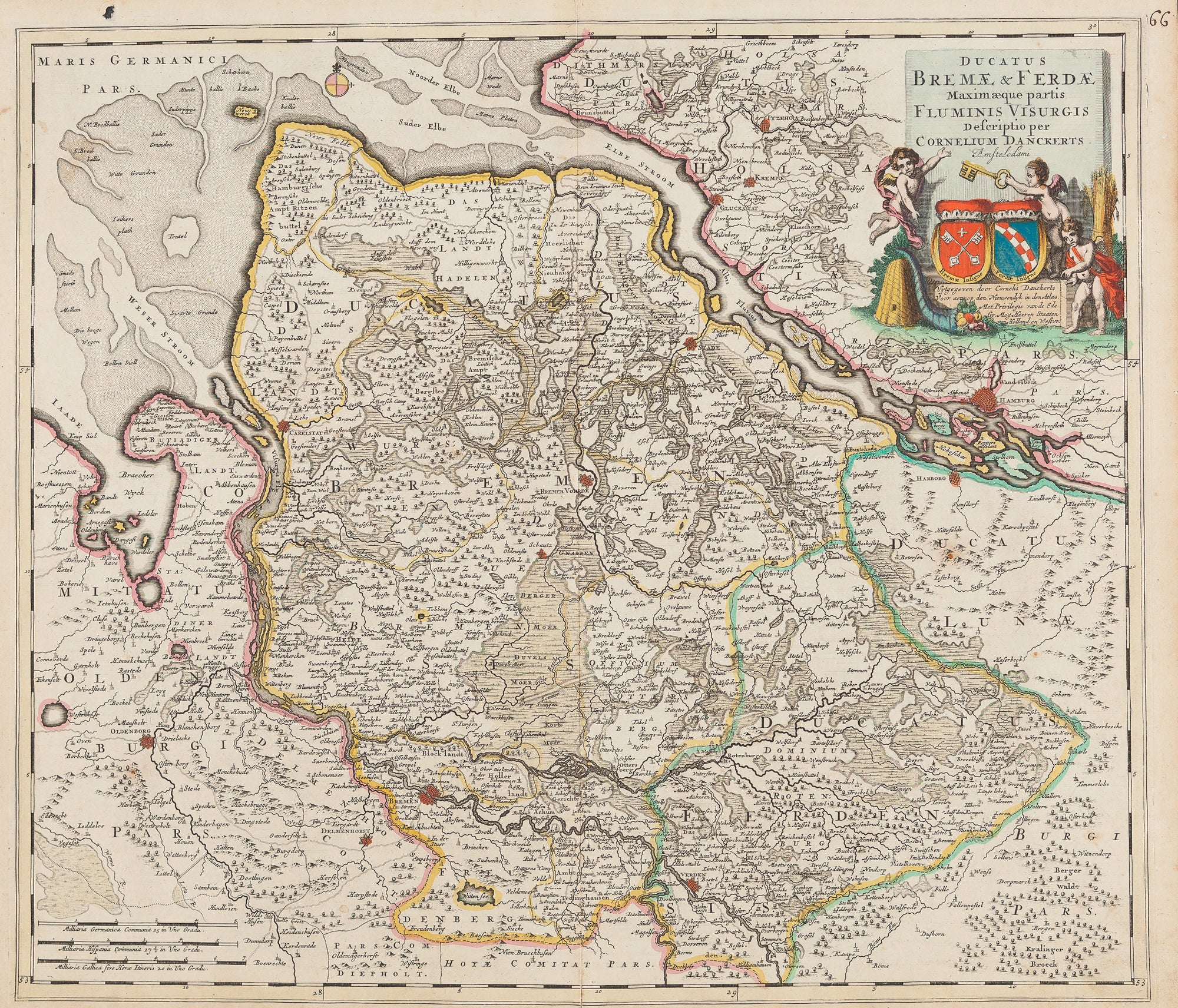 Antique print. Title:' Ducatus Bremae & Ferdae Maximaeque partis Fluminis Visurgis Descriptio per Cornelium Danckerts Amstelodami - Uytgegeven door Cornelis Danckerts Voor Cornelis Danckerts Voor aen op den Nieuwendyk in den Atlas. Met Privilegio van de Ede Gr. Mog. Heeren Staaten van Holland en Westvr."