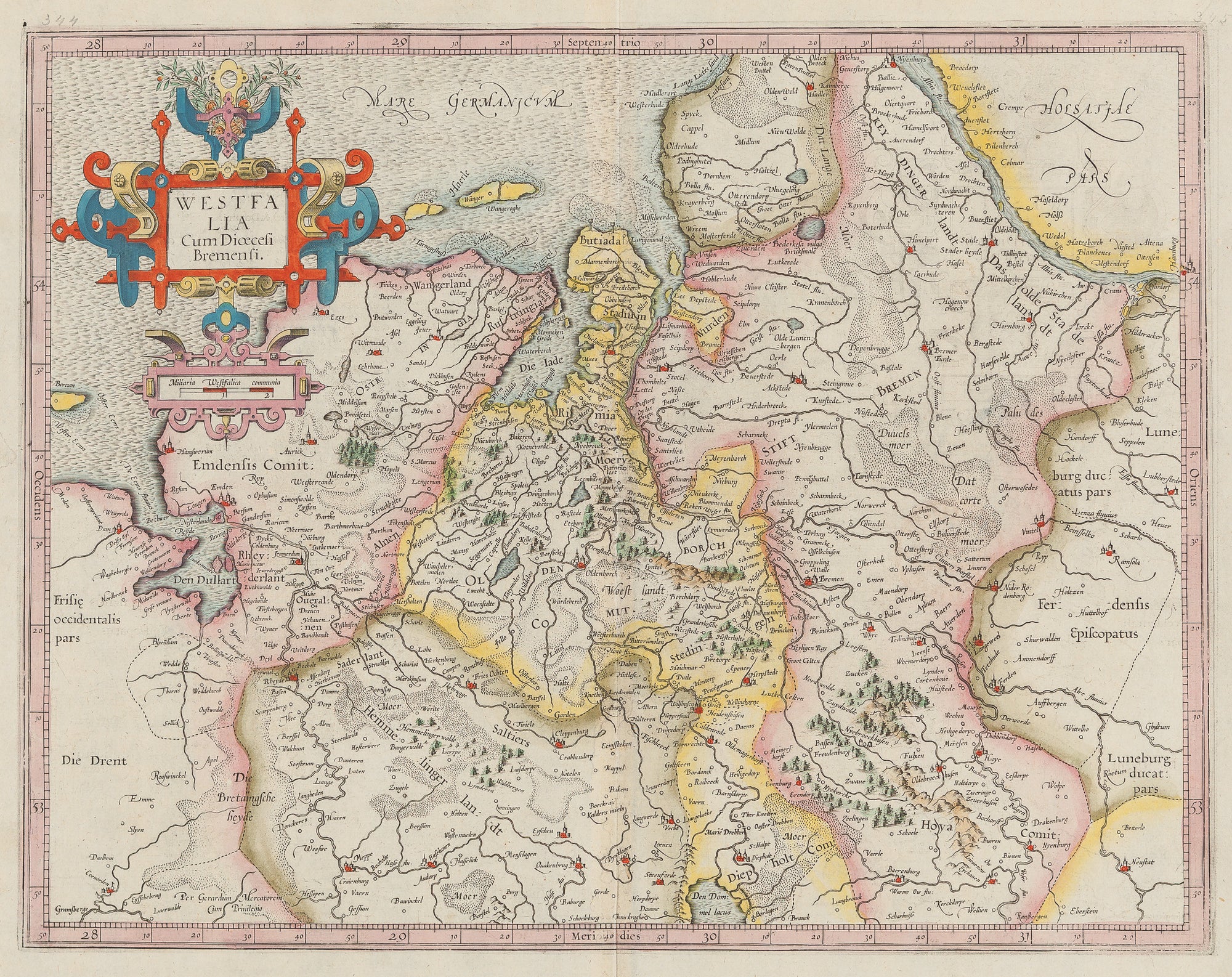 Antique print. 'Westfalia Cum Diocesi Bremensi'. Very decorative map of Westfalen by Gerard Mercator. Contemporary handcoloured engraving published around 1620.