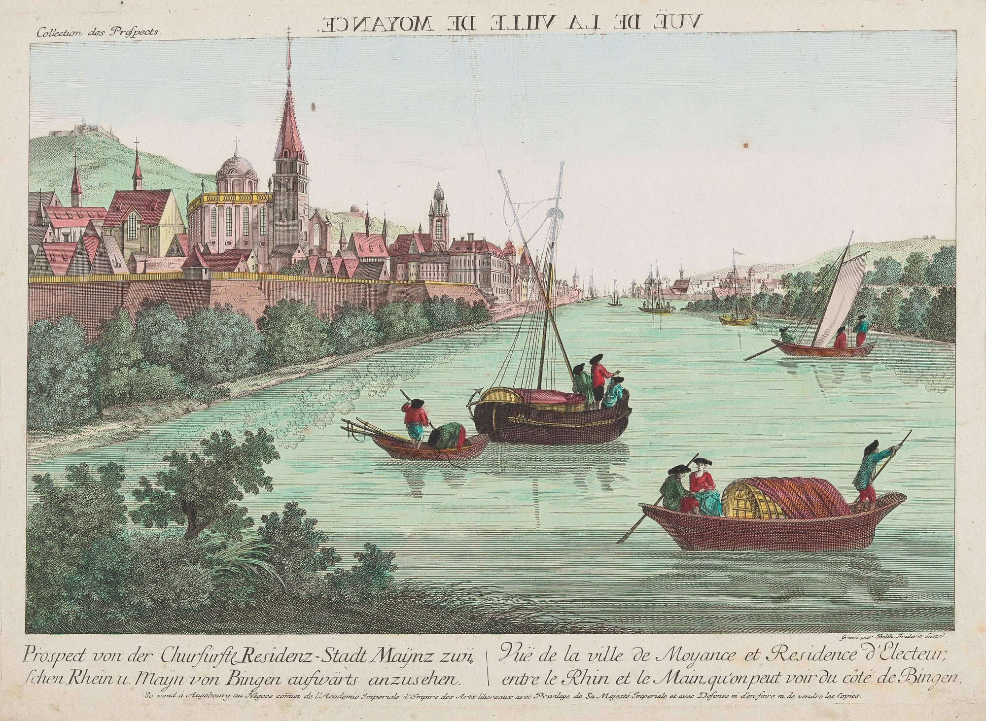 Antique print. Title: Prospect von der Churfürstl. Residenz-Stadt Maynz zwischen Rhein und Mayn von Bingen aufwärts anzusehen". Contemporary handcoloured engraving, so called 'optical print'. Published by Leizel, Augsburg ca. 1770.