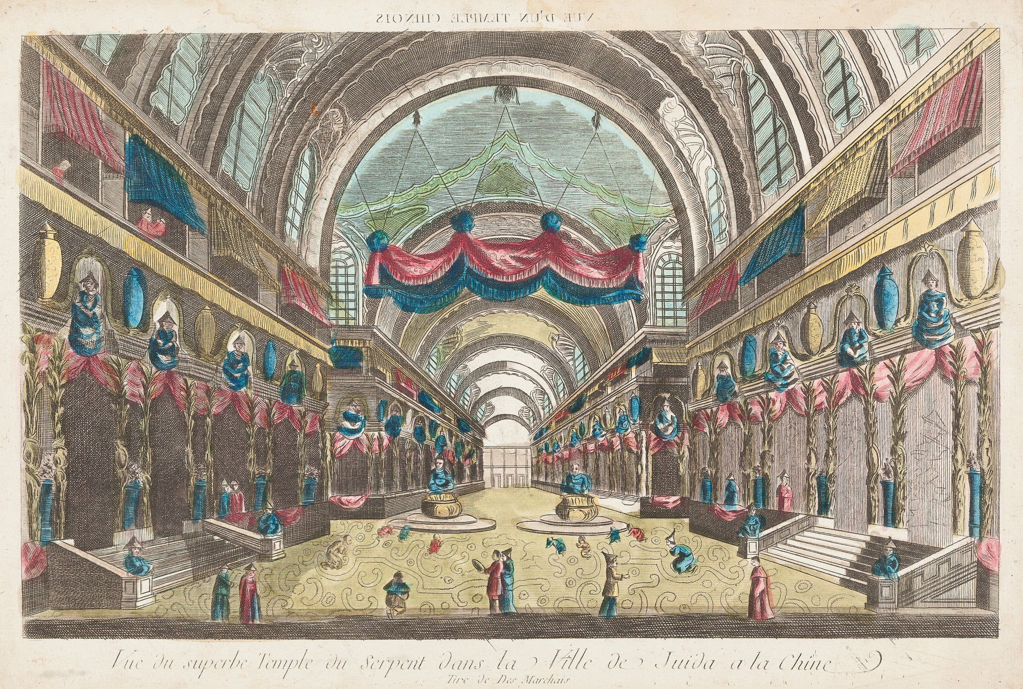 Antique print. Titlle: 'Vue du superbe Temple du Serpent dans la Ville de Juida a la Chine'. Handcoloured engraving, so called optical print or vue d'optique. Showing the interior of a temple in Juida (China) with two large Buddha's in the centre. Paris, ca. 1770.