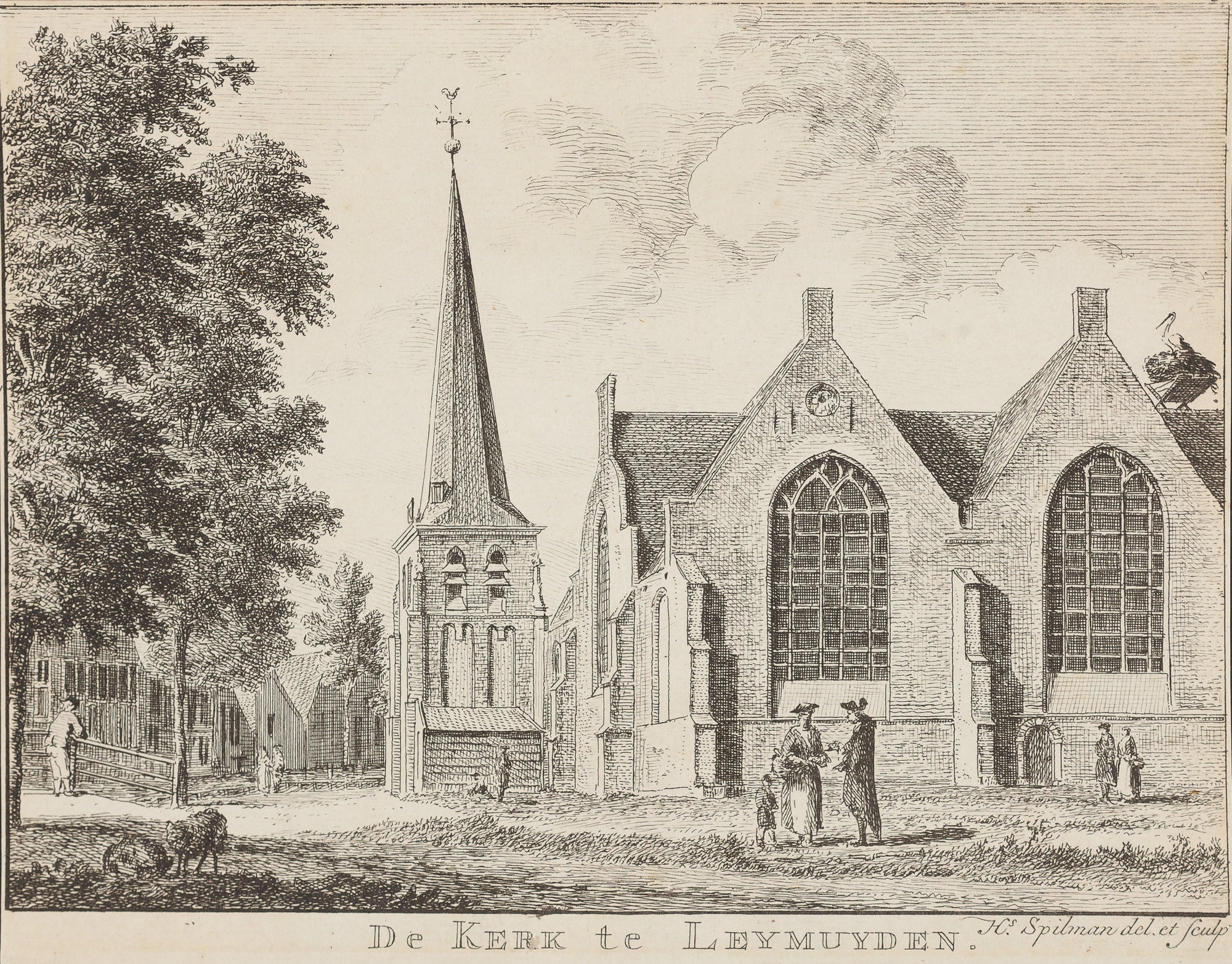 Antieke prent. Antique print. Title: 'De Kerk te Leymuiden' ; Engraving by Hendrik Spilman from ca. 1750. Leimuiden, Zuid Holland, engraving, Holland, Leymuiden, kerk, antique print, spilman