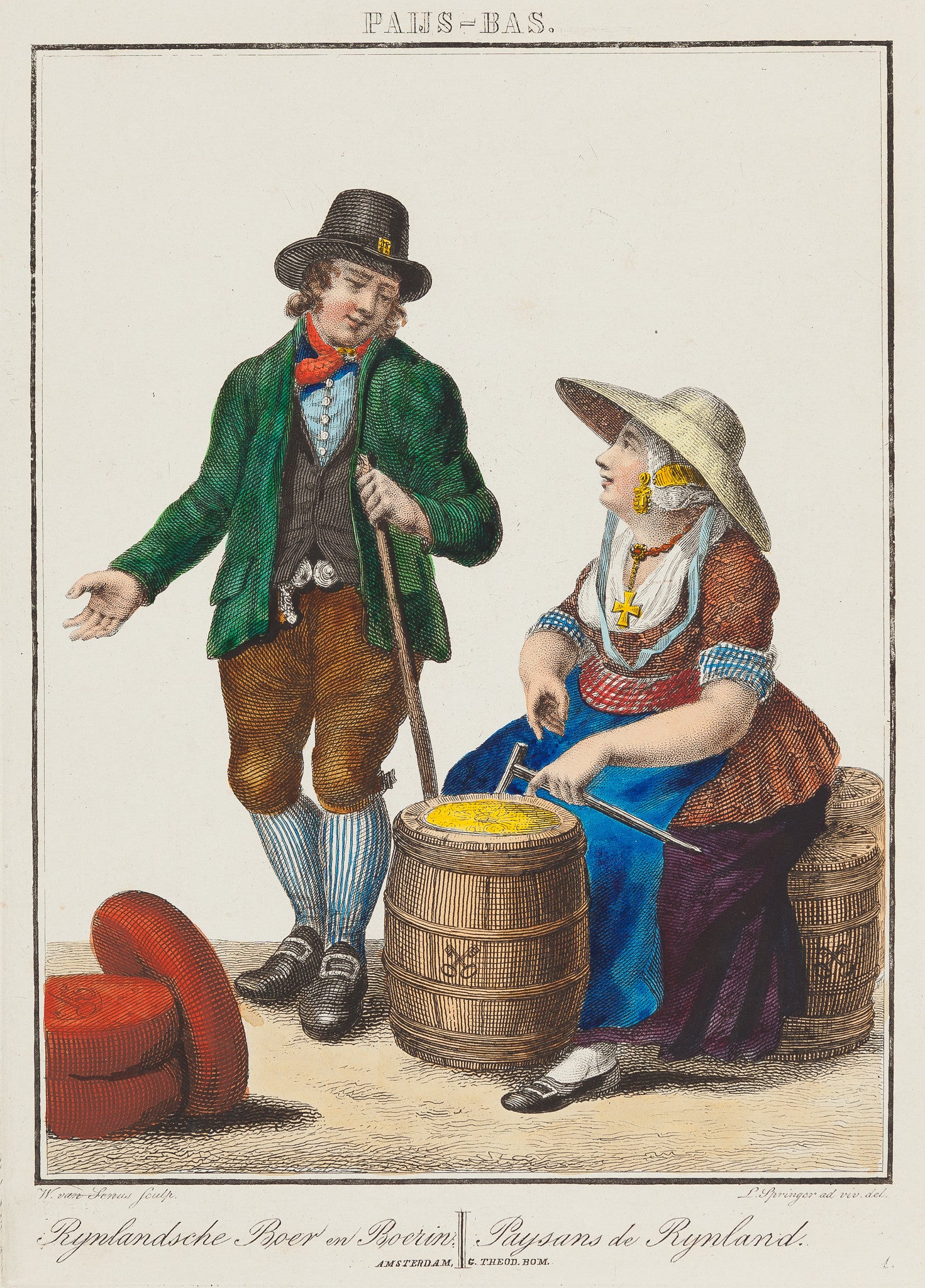 Antieke prent. Antique print. Title: 'Rijnlandsche Boer en Boerin - Paysans de Rijnland' . Very beautiful contemporary handcoloured engraving. Engraved by Willem van Senus after Leendert Springer, published by Theod. Bom , Amsterdam. ca. 1825. It shows a women selling butter and a man selling cheese. 'Rijnlandsche Boer en Boerin - Paysans de Rijnland' costumeprint, fashion, dutch culture, rijnland, antique print, colour