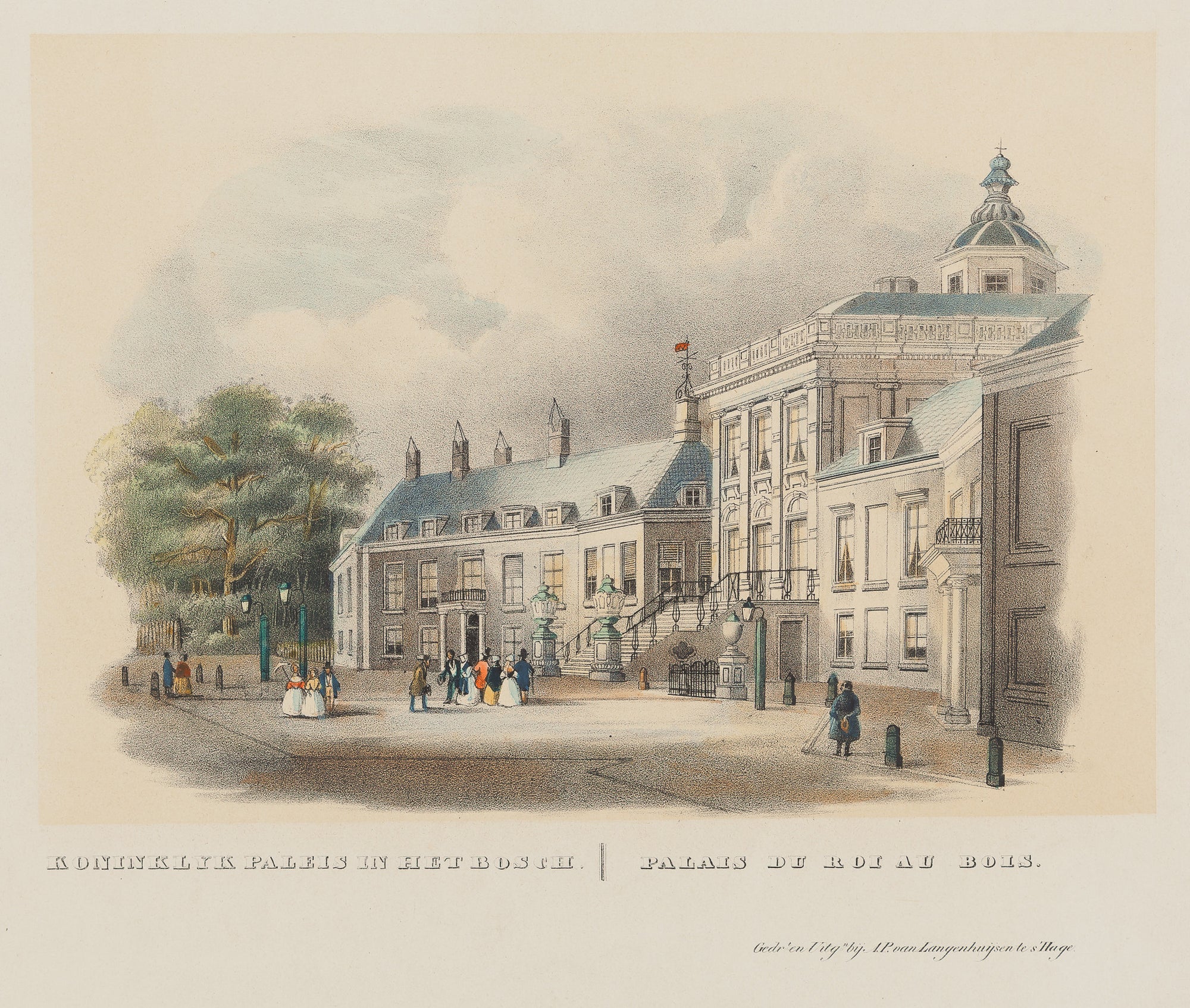 'Koninklyk Paleis in Het Bosch' - The palace Huis ten Bosch seen from the west.  Tinted lithograph with contemporary handcolouring from 1850 by A.P. van Langenhuijsen.