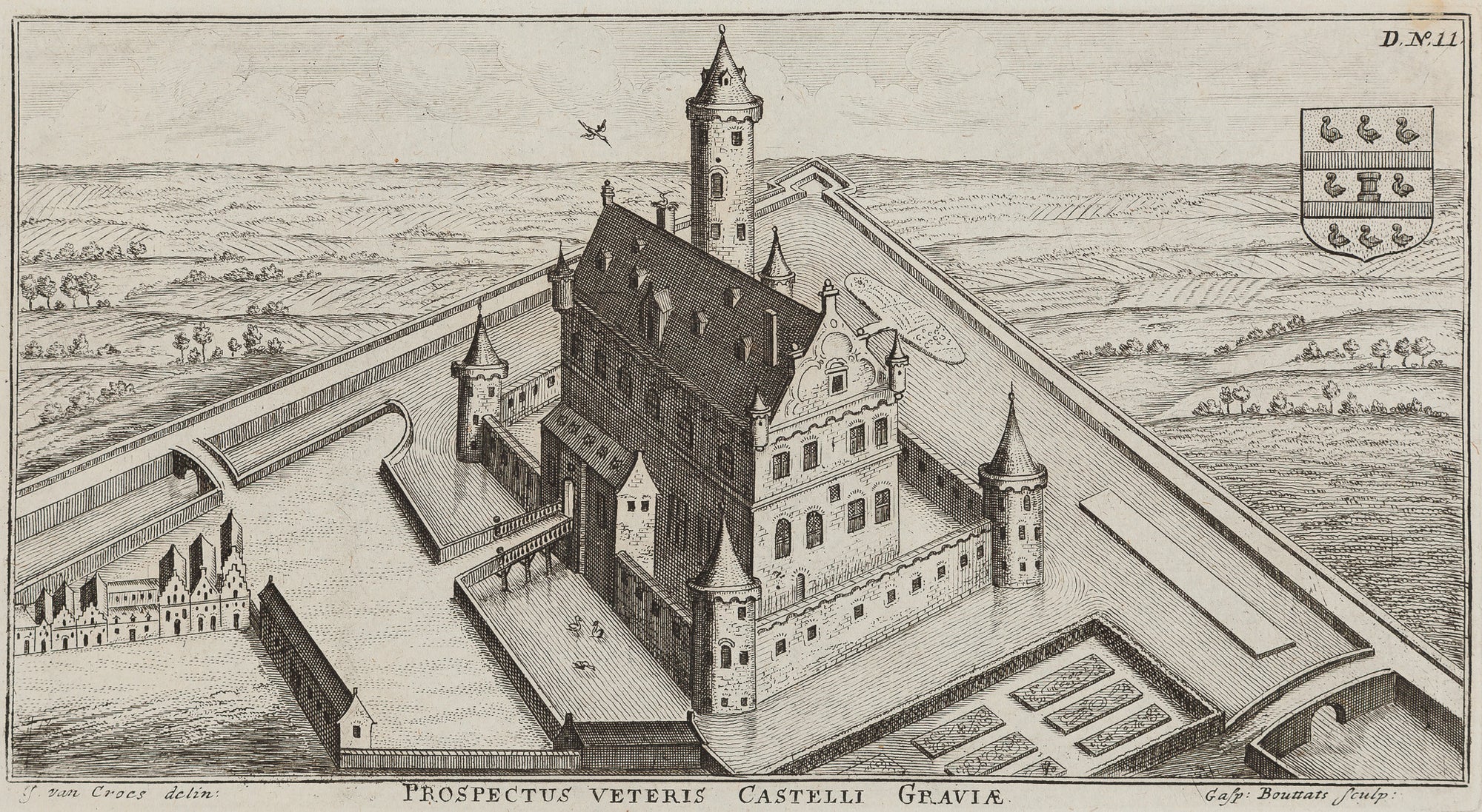 'Prospectus Veteris Castelli Graviae' (The Castle in Grave). Engraving by Gaspar Bouttats after J. van Croes from 'Groot Wereldlyk Tooneel Des Hertogdoms Van Braband' published in 1690