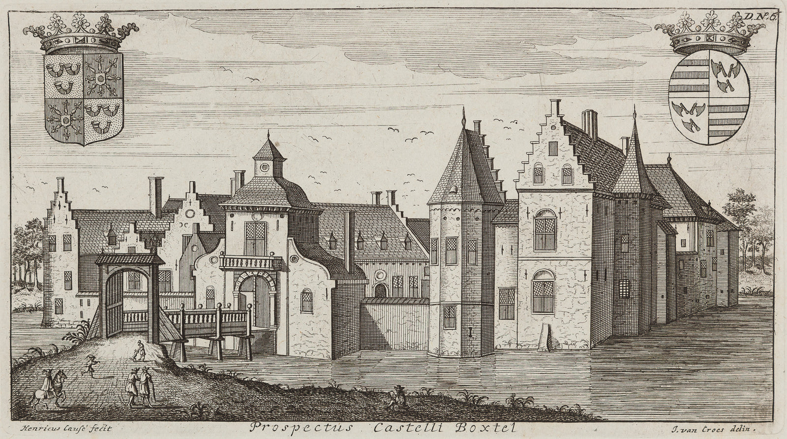 'Prospectus Castelli Boxtel'  Engraving by Gaspar Bouttats after J. van Croes from 'Groot Wereldlyk Tooneel Des Hertogdoms Van Braband' published in 1690.