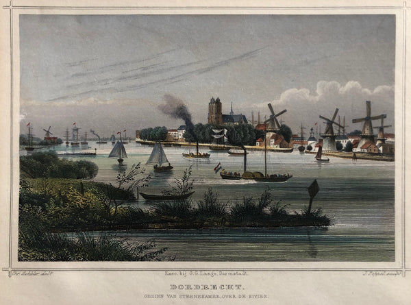Dordrecht. Gezien van Steenekamer over de rivier'. Nice handcoloured steelengraving. Drawn by Chr. Schieler