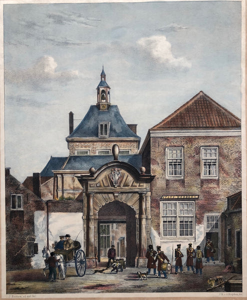 lithograph, heijden, dordrecht, city view, holland, poort, herberg, print, antique print, colour, boger, rutten