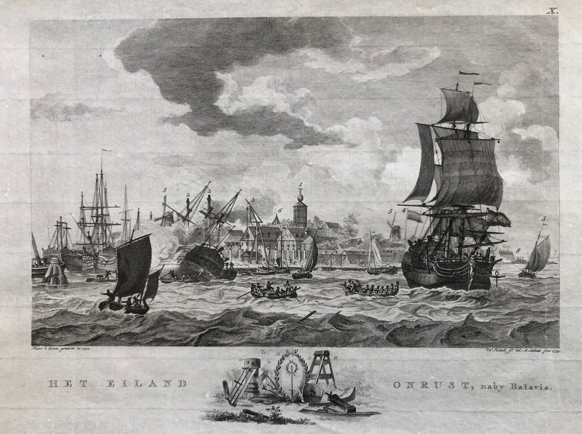 Onrust, Batavia, Indie, Indonesië , indonesie , jakarta, ships, dutch, shipyard, old print, antique print, engraving, harbour, maaskamp, kobell, sallieth, island, antieke prent, oude prent, schepen, scheepswerf, indonesia, java, voc,