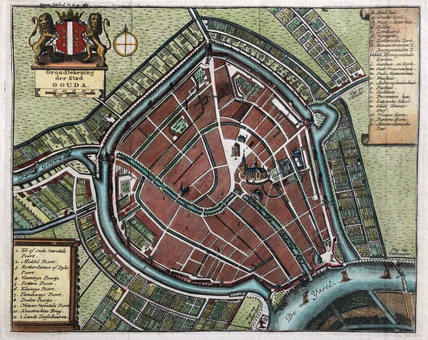 Gouda, old map , antique map, map of gouda, ijssel, gouwe, oudewater, stadhuis gouda, engraving, tirion, colour,holland