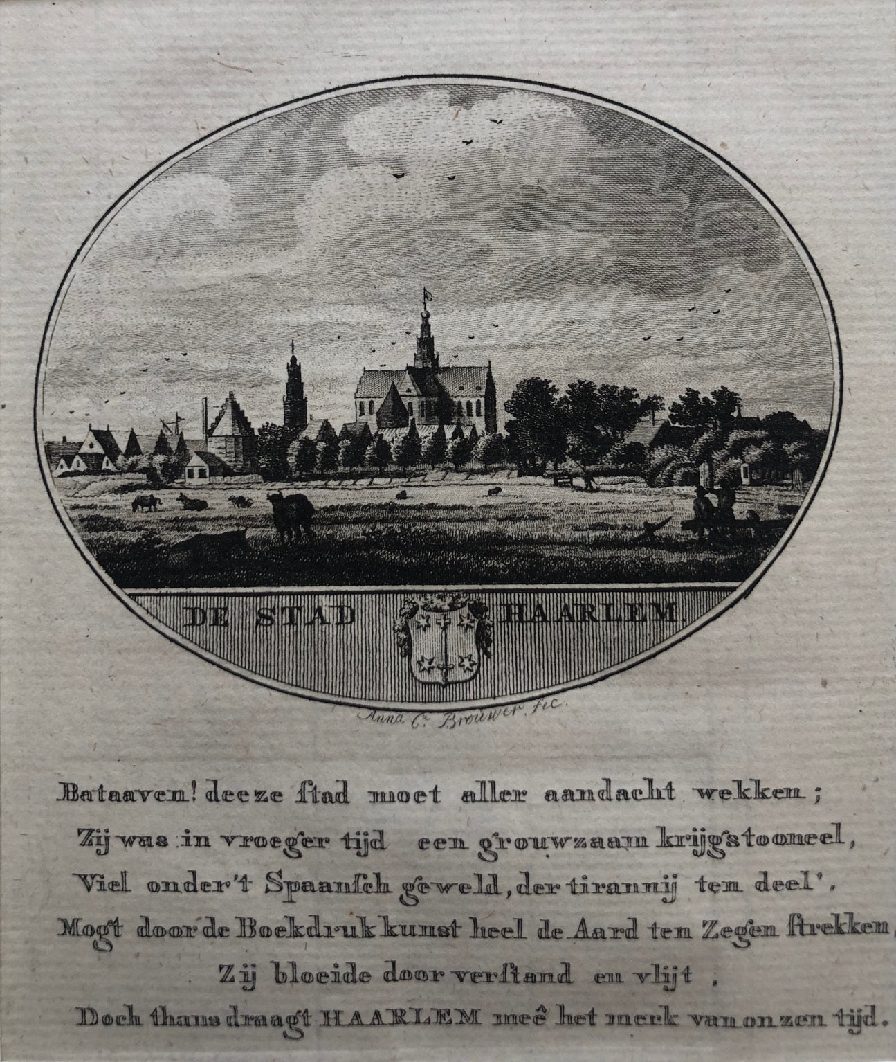 antique print, old print, oude prent, antieke prent, engraving , gravure, haarlem, kennemerland, holland, noord holland, oval, ovaal, brouwer, ollefen, bakker, old print haarlem, oude prent van haarlem