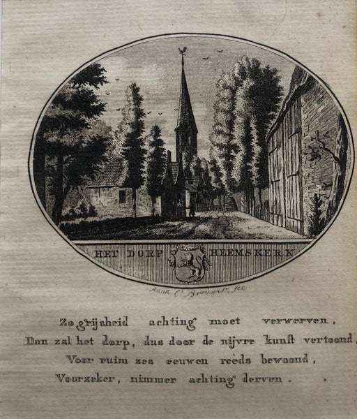 'Het Dorp Heemskerk' . Nice , small engraving by Anna C. Brouwer of Heemskerk in North Holland (Kennemerland)