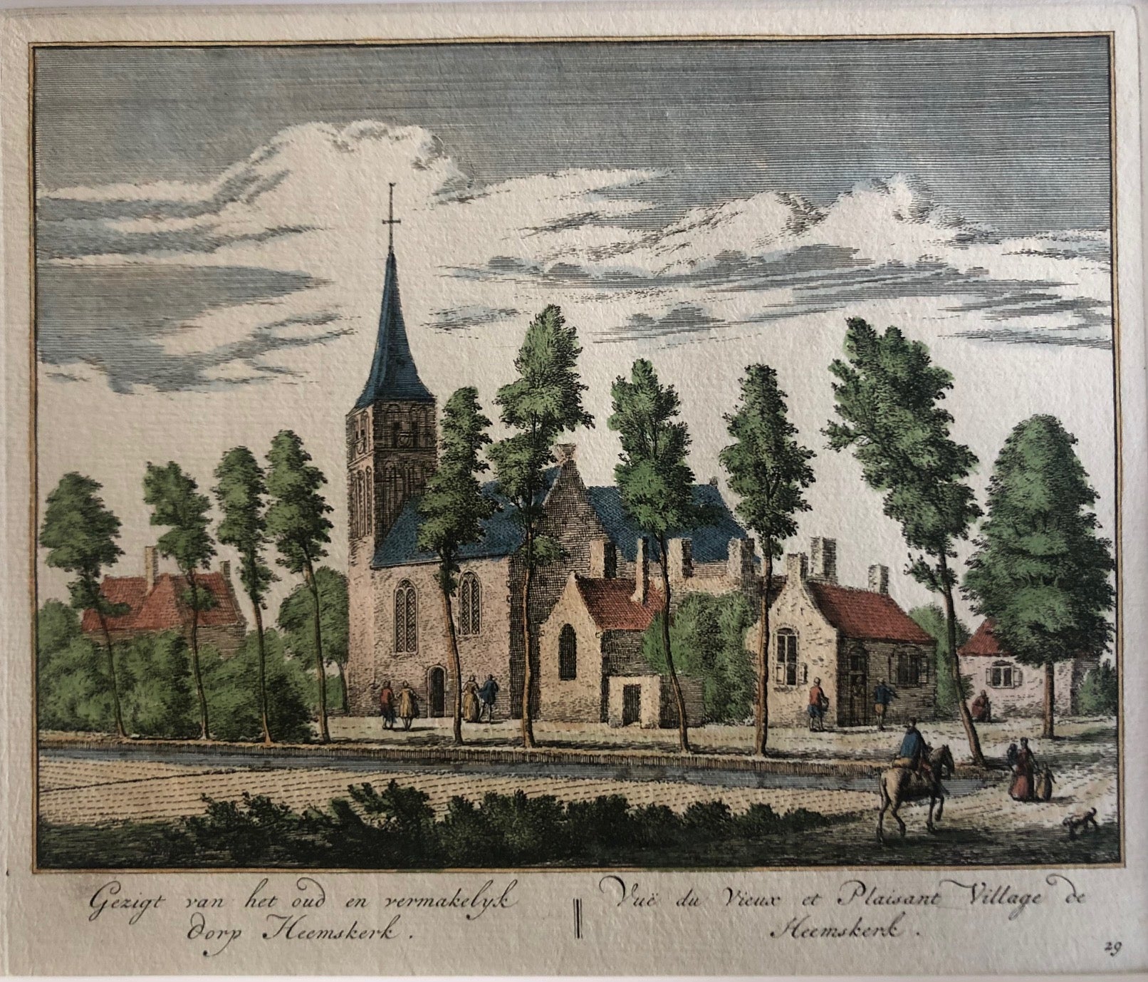  heemskerk, old print, antique print, engraving, oude prent, antieke prent, gravure, dorp heemskerk, church, kerk, prent heemskerk, holland, noord holland, rademaker, village, view