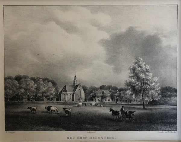 heemstede, dorp heemstede, old print, antique print, prent hemstede, oude prent, antieke prent, haarlem kennemerland, wilhelminakerk, holland, lutgers, view, gezicht, litho, steendruk, lithograph