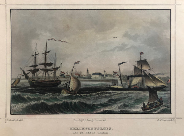 'Hellevoetsluis. Van de Reede gezien'. Handcoloured steelengraving, nice view of this town with many ships on the river