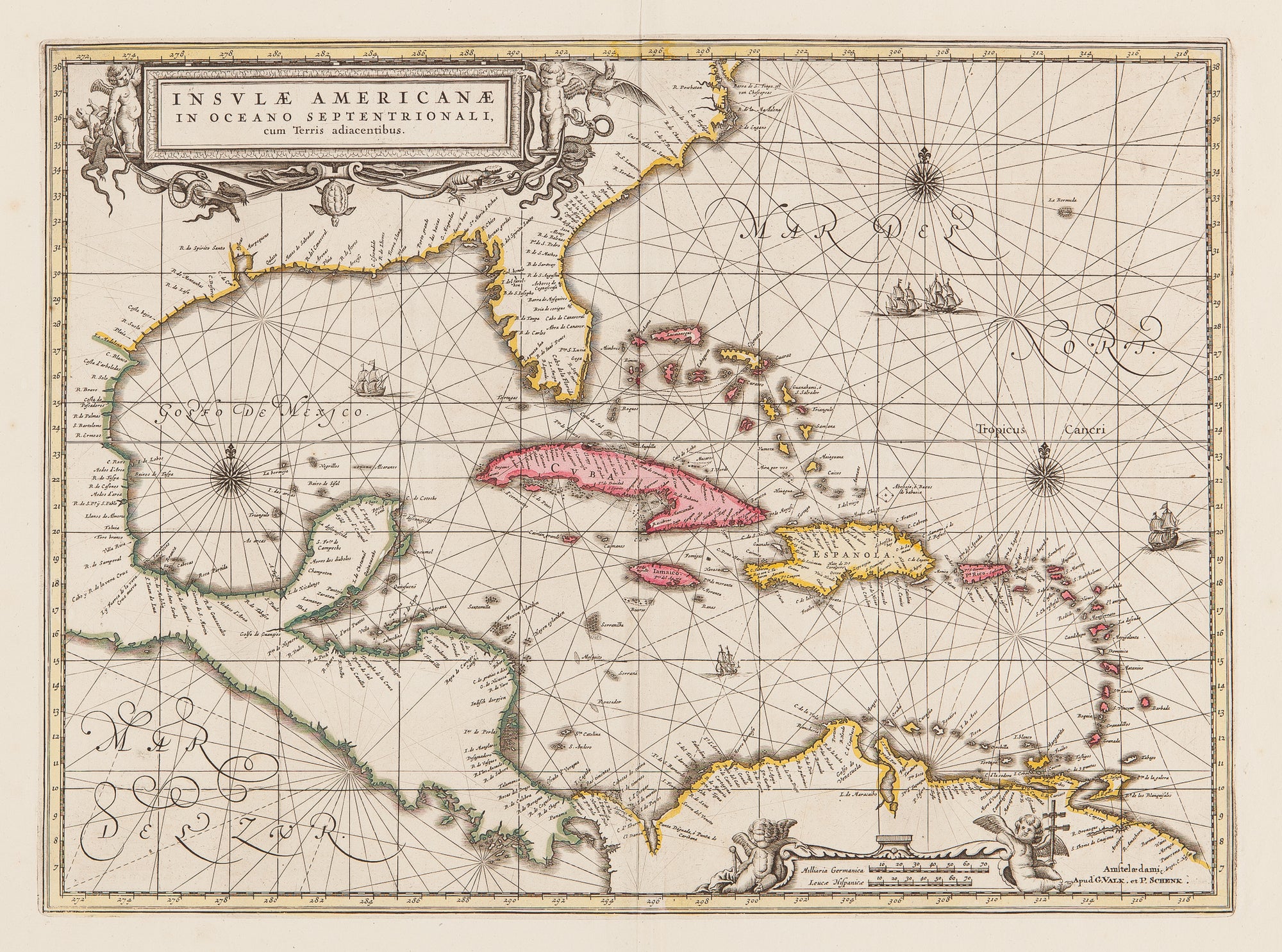 America, Caribbean, west indies, mexico, cuba, valk, schenk, gerritsz, florida, jamaica, bonaire, curacao,south america, central america, map, chart, old map, antique map, engraving, colour