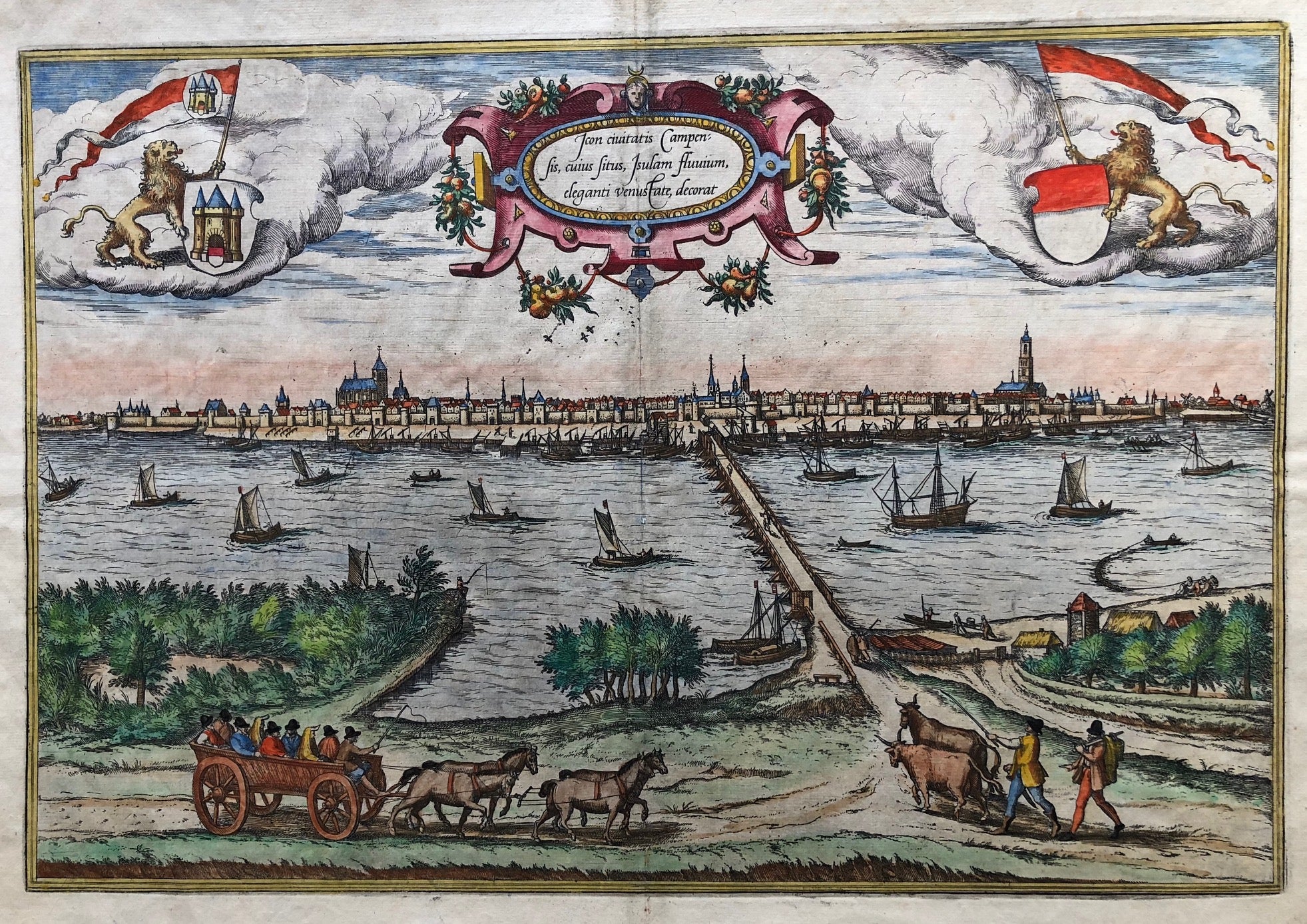 Kampen, Campen, Braun Hogenberg, view, engraving, Holland, Overijssel